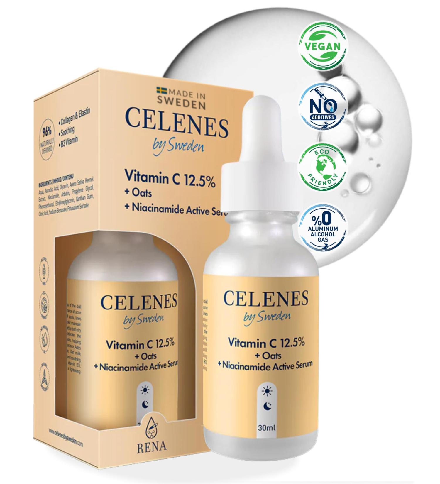 CRX NORDIC AB Celenes by Sweden Facial Serum 125 Vitamin C Oat Extract Niacinamide Prevention + Moisturizing Alcoholfree Fragrancefree Parabenfree Moisturizing & Clarifying 30ml - Buy Online on GoSupps.com