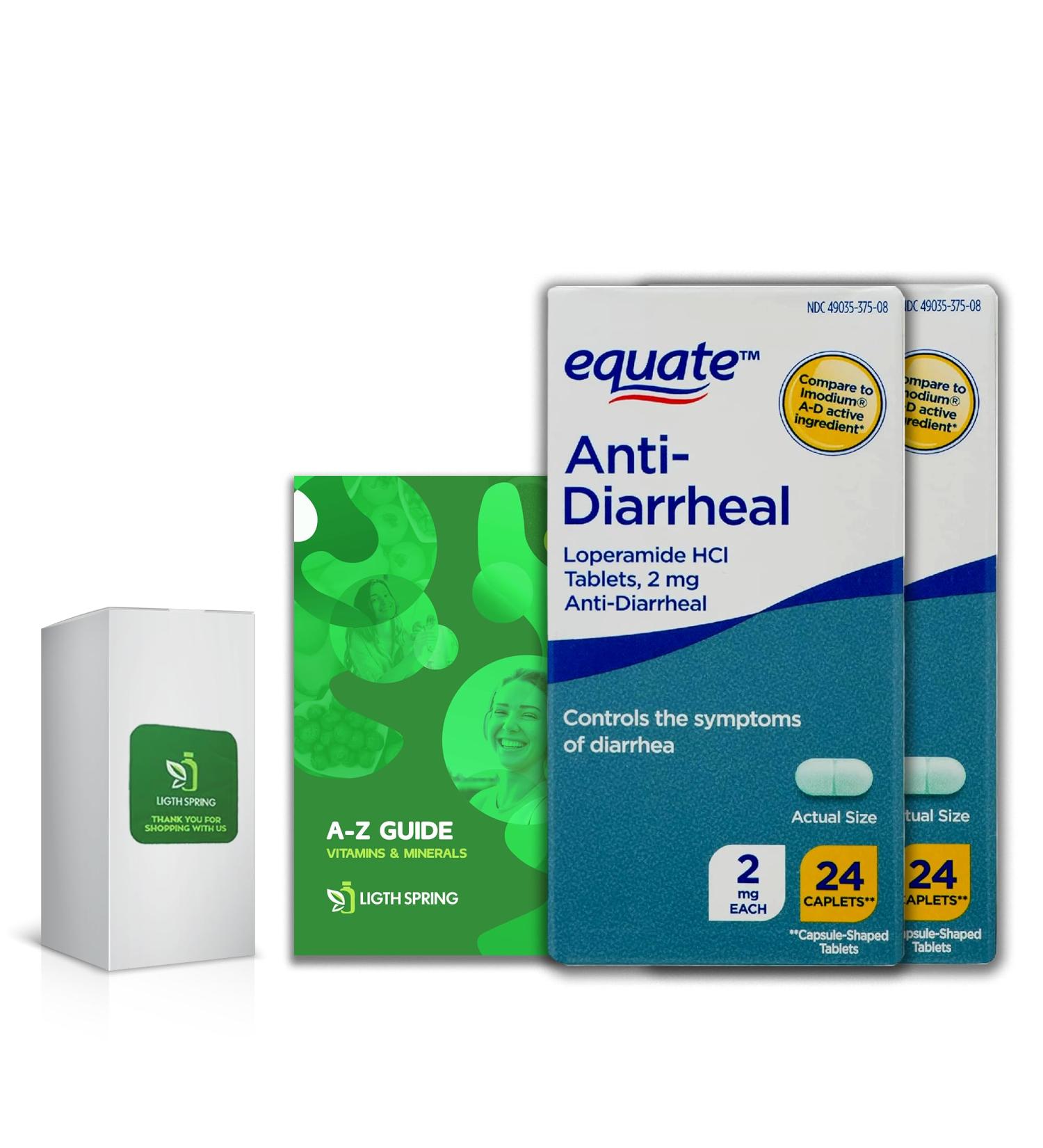 Equate Anti-Diarrheal Loperamide 2 mg 24 Caplets - Bundle with Exclusive Vitamins & Minerals - A to Z Health Guide - International Shipping Available - Buy Online on GoSupps.com
