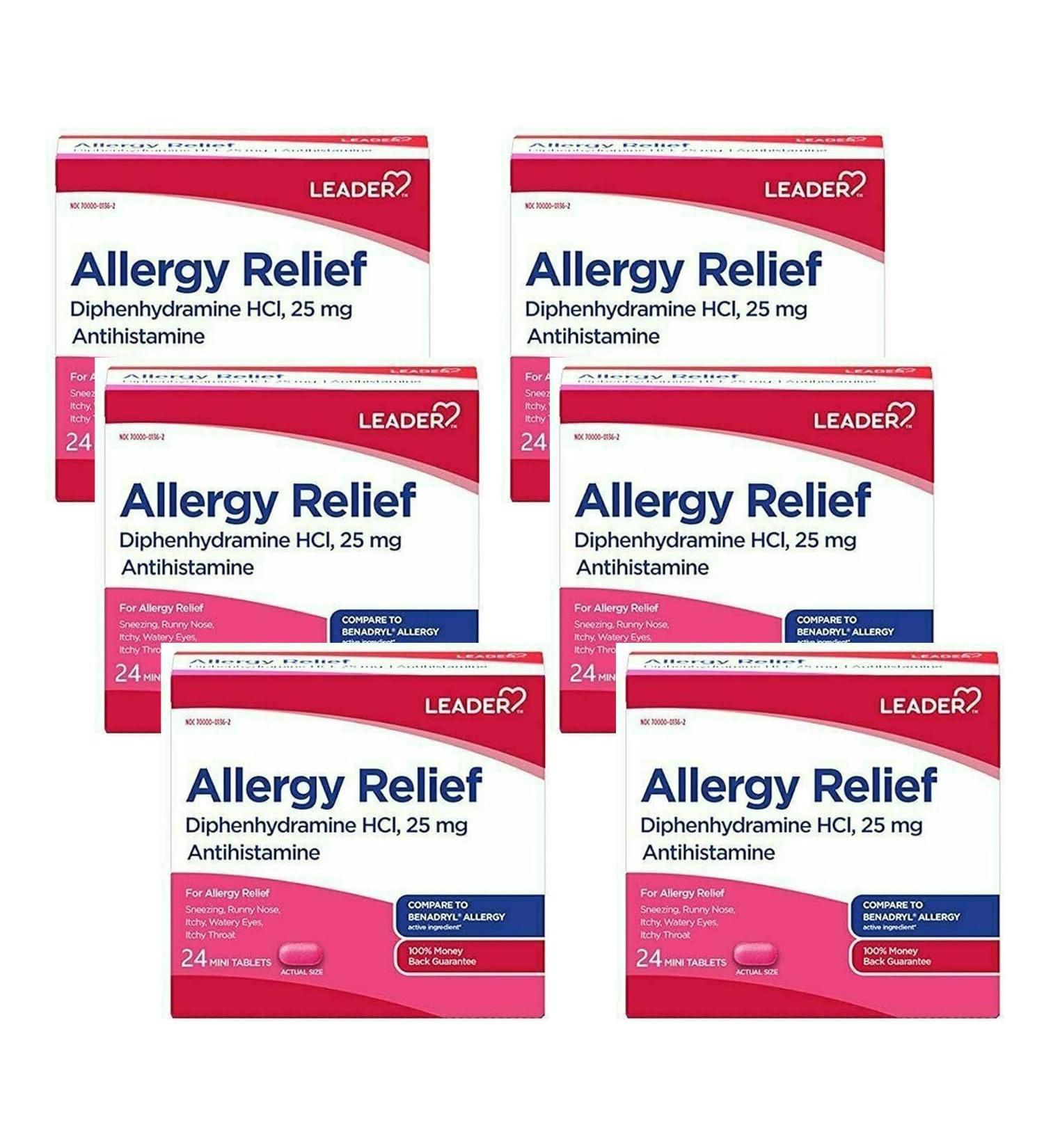 Leader Antihistamine Allergy Relief Diphenhydramine HCl 25mg Mini Tablets 24 Count Pack of 6 - Buy Online on GoSupps.com
