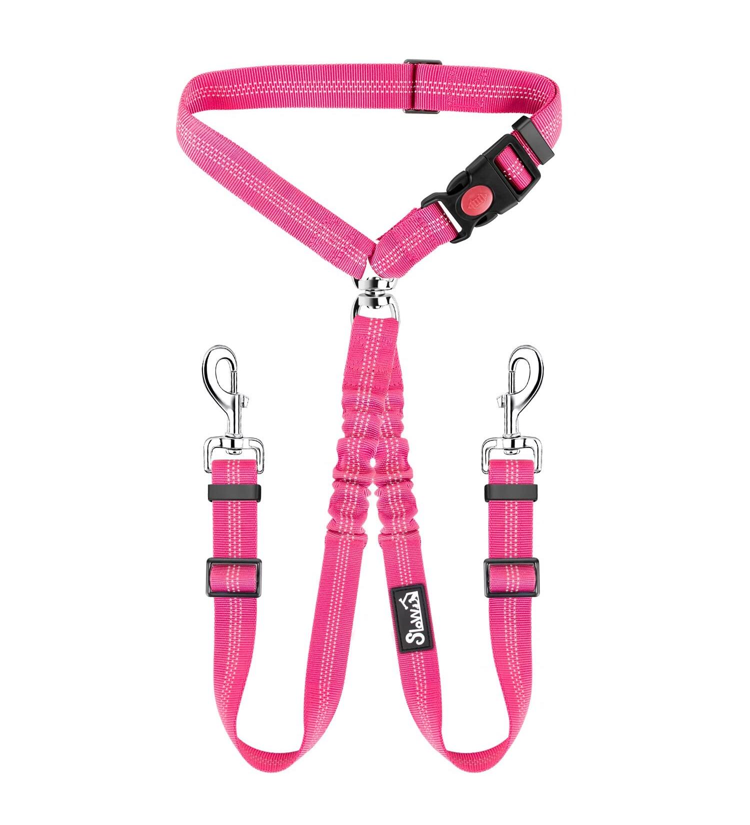 Slowton Double Strapping Dog Car Seat Belt - 2-in-1 Durable Elastic Design for Medium Dogs | Pink Fluorescent | Rotatable Stainless Steel Carabiner for Safe Travel - Buy Online on GoSupps.com