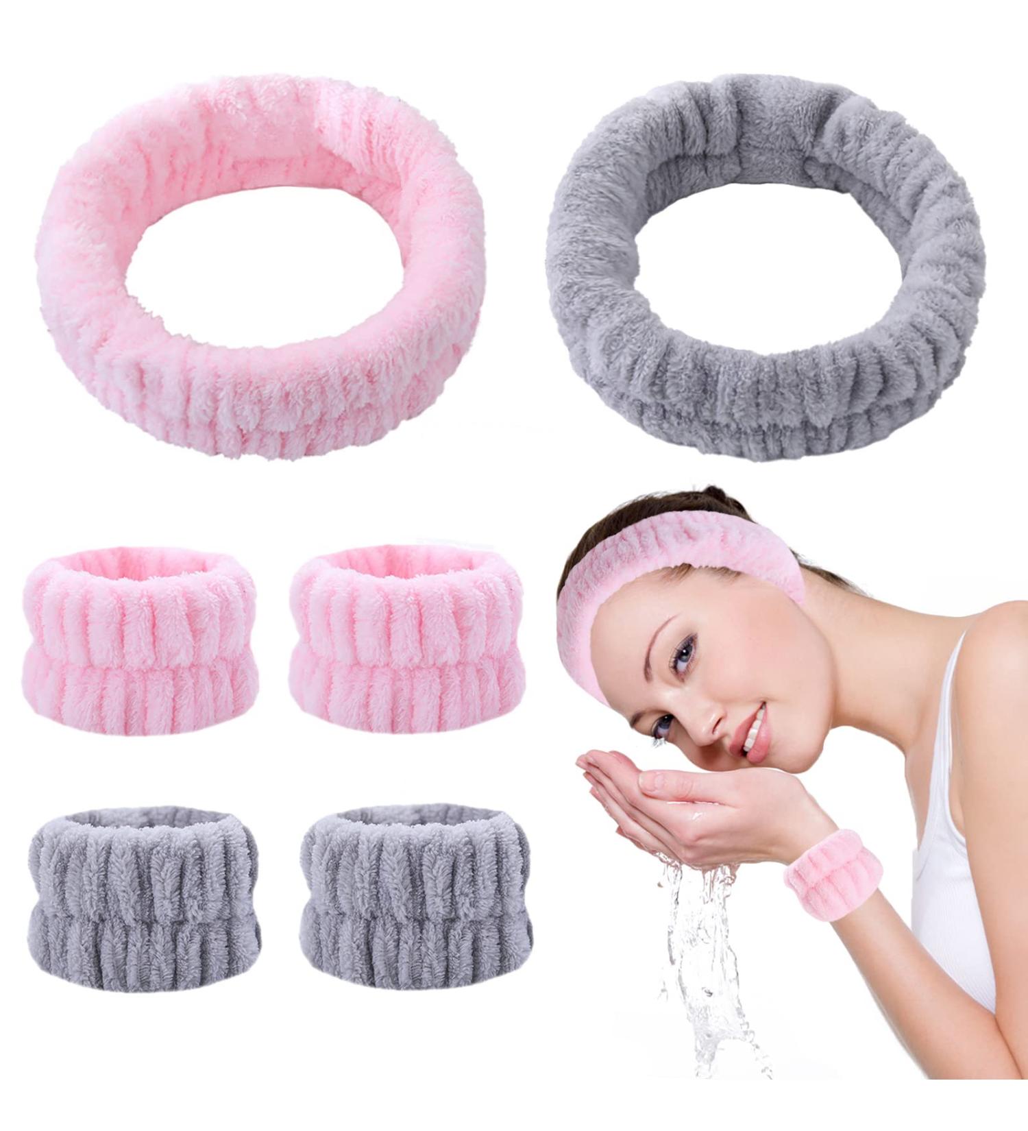 KEYRI 6 Pcs Spa Headband Wrist Washband Set - Pink Gray | Soft Elastic Bands for Face Washing, Skincare, Makeup, Bath & Shower - Women Girls Facial Headband - Buy Online on GoSupps.com