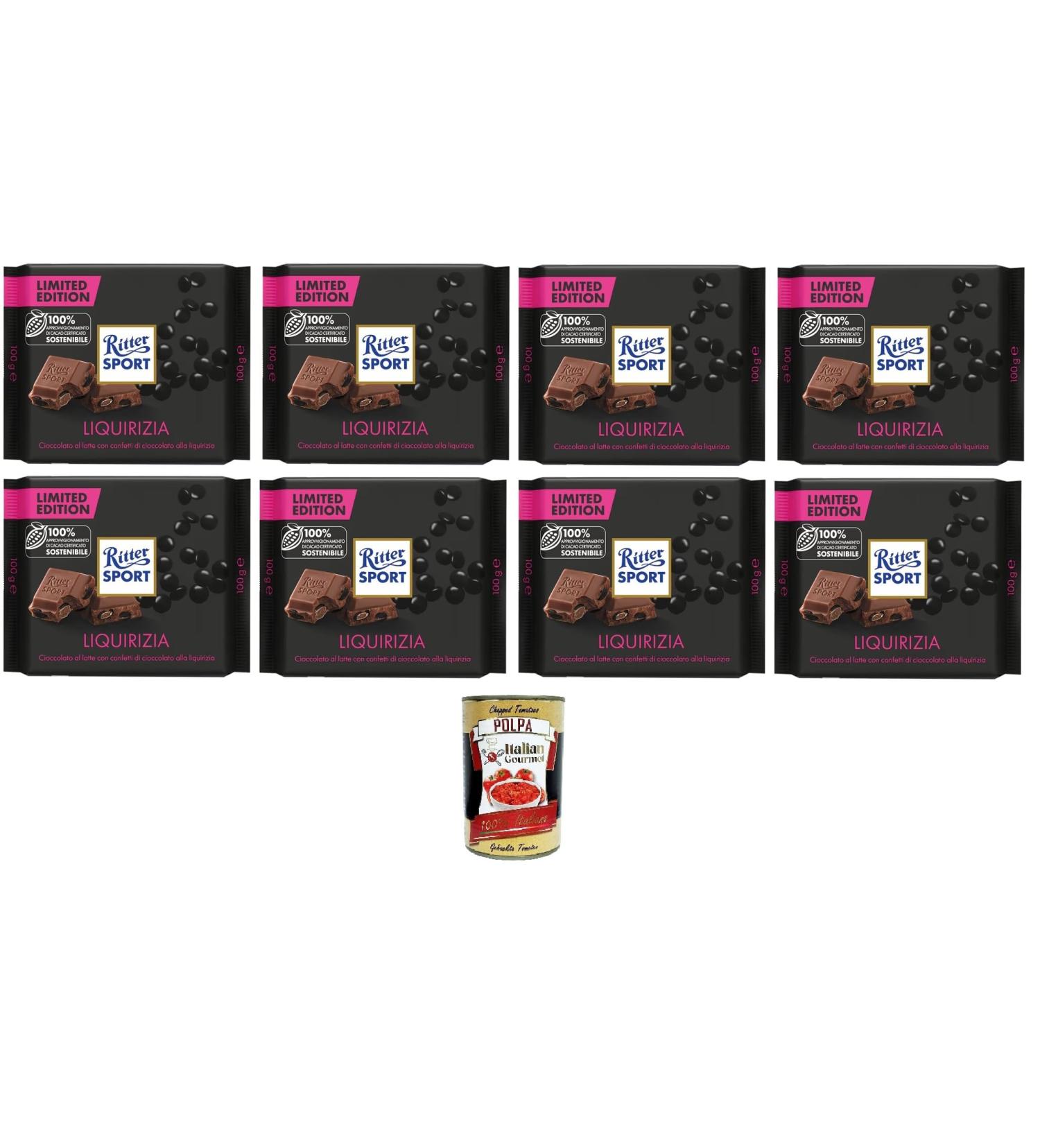  Italian Gourmet E.R. Ritter Sport Liquirizia limited edition milk chocolate with licorice pieces 100% sustainable cocoa 8 x 100g packs + 400g Italian Gourmet Polpa - Buy Online on GoSupps.com