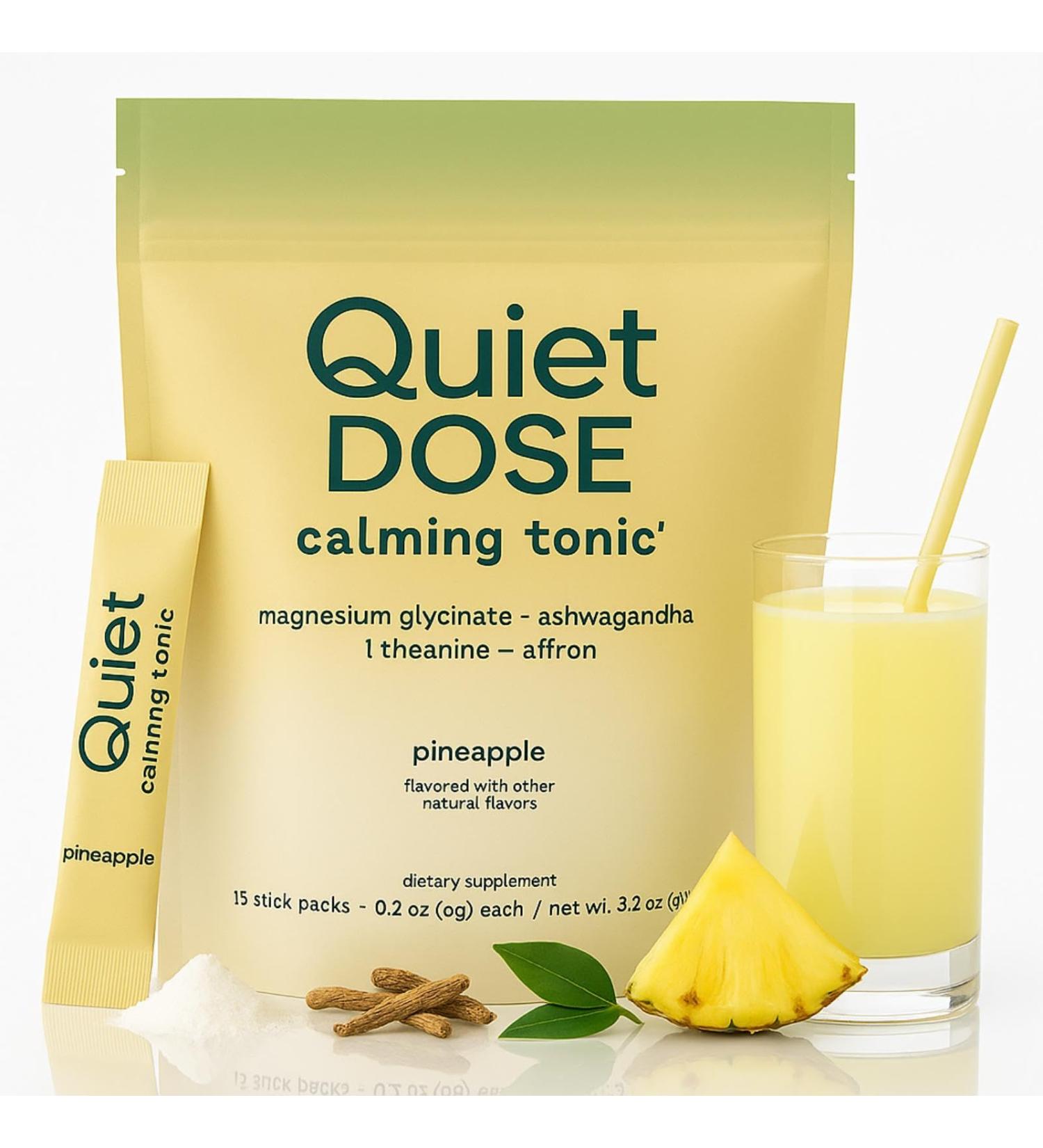 Quiet Dose Calming Tonic Quiet Dose Drink with Magnesium Glycinate Ashwagandha L-Theanine Affron for Relax & Focus Non GMO Vegan On The Go 15-Sticks Pack (Pineapple) - Buy Online on GoSupps.com