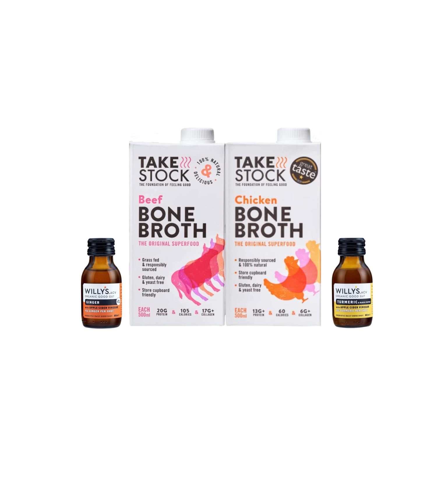 Take Stock Chicken Bone Broth (1) Take Stock Beef Bone Broth (1) (500ML) with 2 Shots of Ginger Honey Turmeric with Apple Cider Vinegar| Low Calorie Keto High Protein & Collagen Supplement 1 Chicken 1 Beef Bone Broth - Buy Online on GoSupps.com