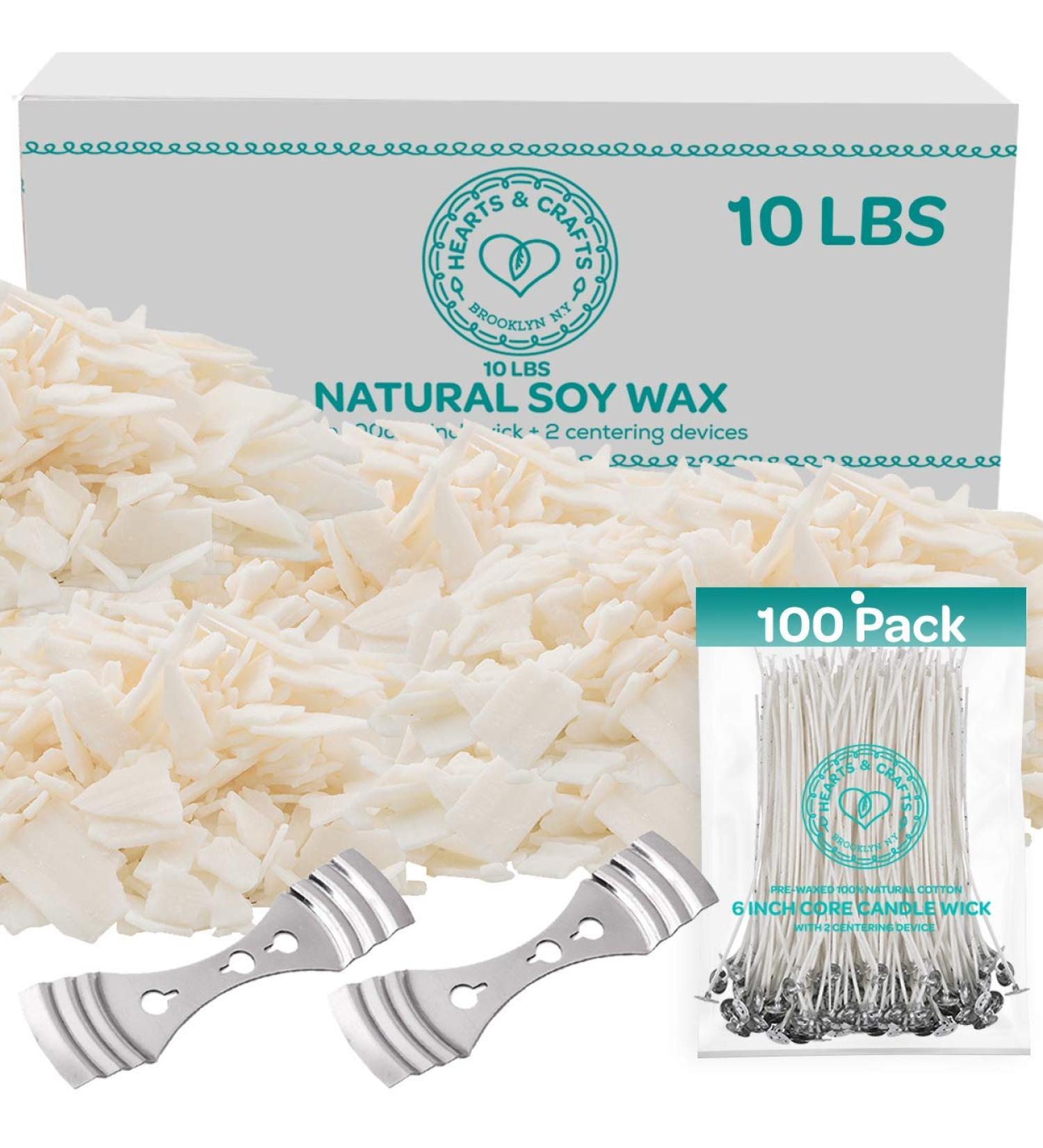 Hearts & Crafts 10 lbs Natural Soy Candle Wax & Making Supplies | 100 Pre-Waxed Wicks & Centering Devices | Soy Wax Flakes - Buy Online on GoSupps.com