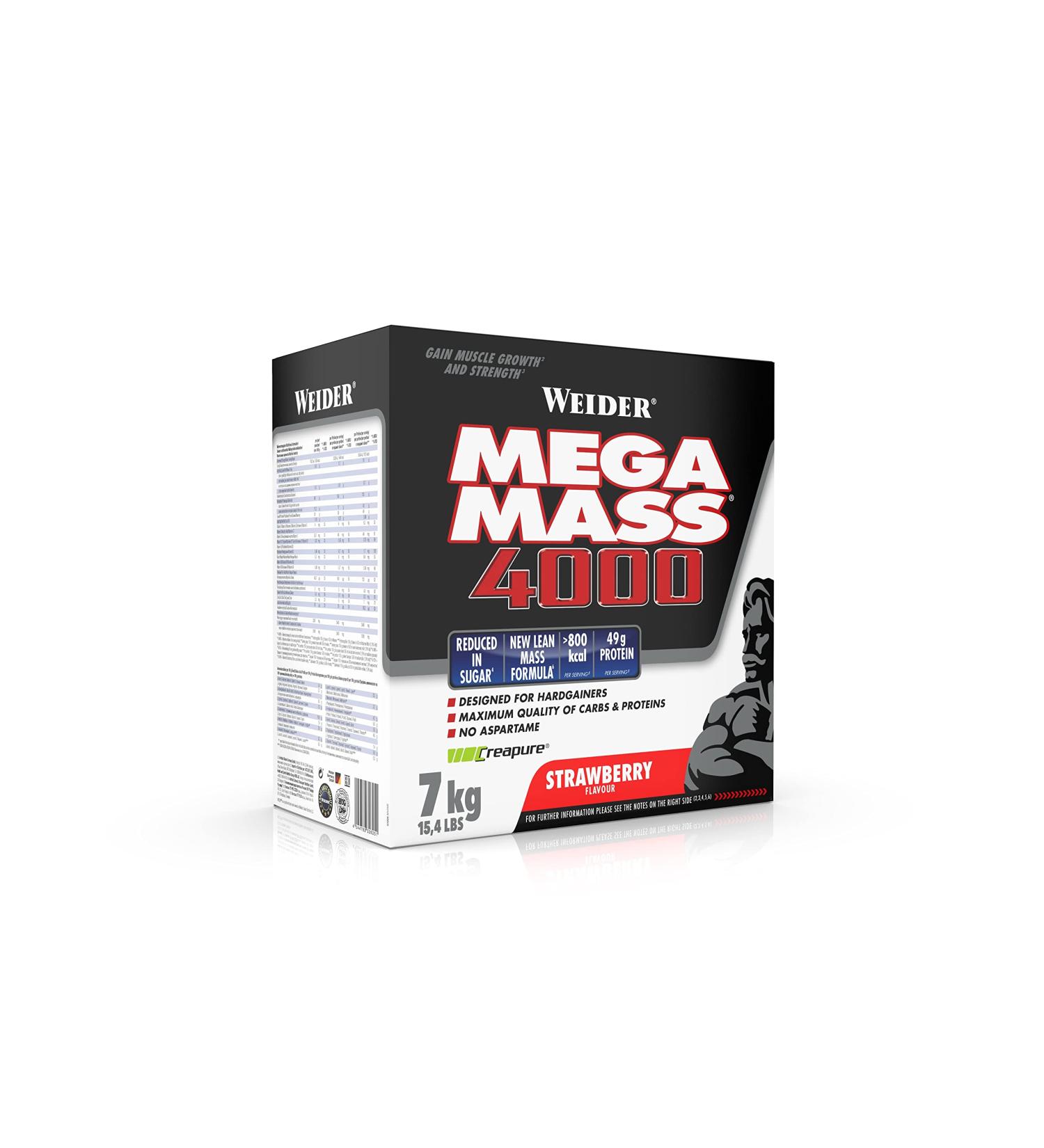 Weider Mega Mass 4000 Weight Gainer Shake - Strawberry | Protein Creatine Complex Carbs & Vitamins | Perfect Muscle Building Supplement | 7kg - Buy Online on GoSupps.com