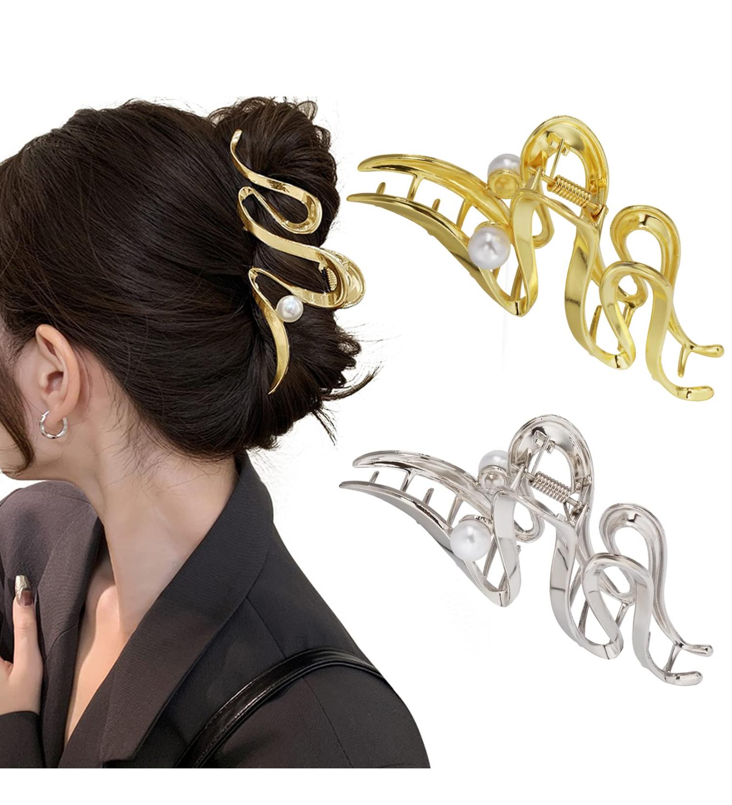 iFiner Metal & Pearl Hair Claw Clips - Set of 2 | Gold & Silver | Large Non-Slip Barrette for Women & Girls | Stylish Hair Accessories - Buy Online on GoSupps.com