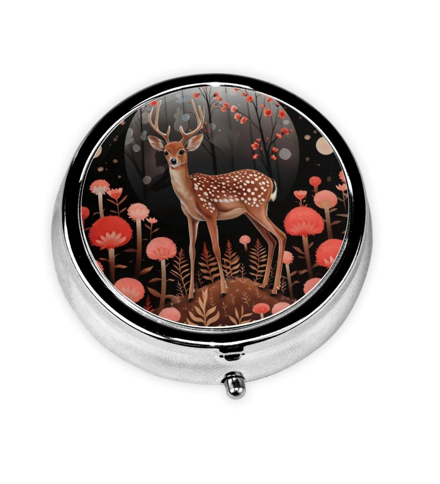 Buy Cute Little Deer Portable Metal Pill Box - Round Mini 3-Compartment Ideal for Small Pills & Travel - Buy Online on GoSupps.com