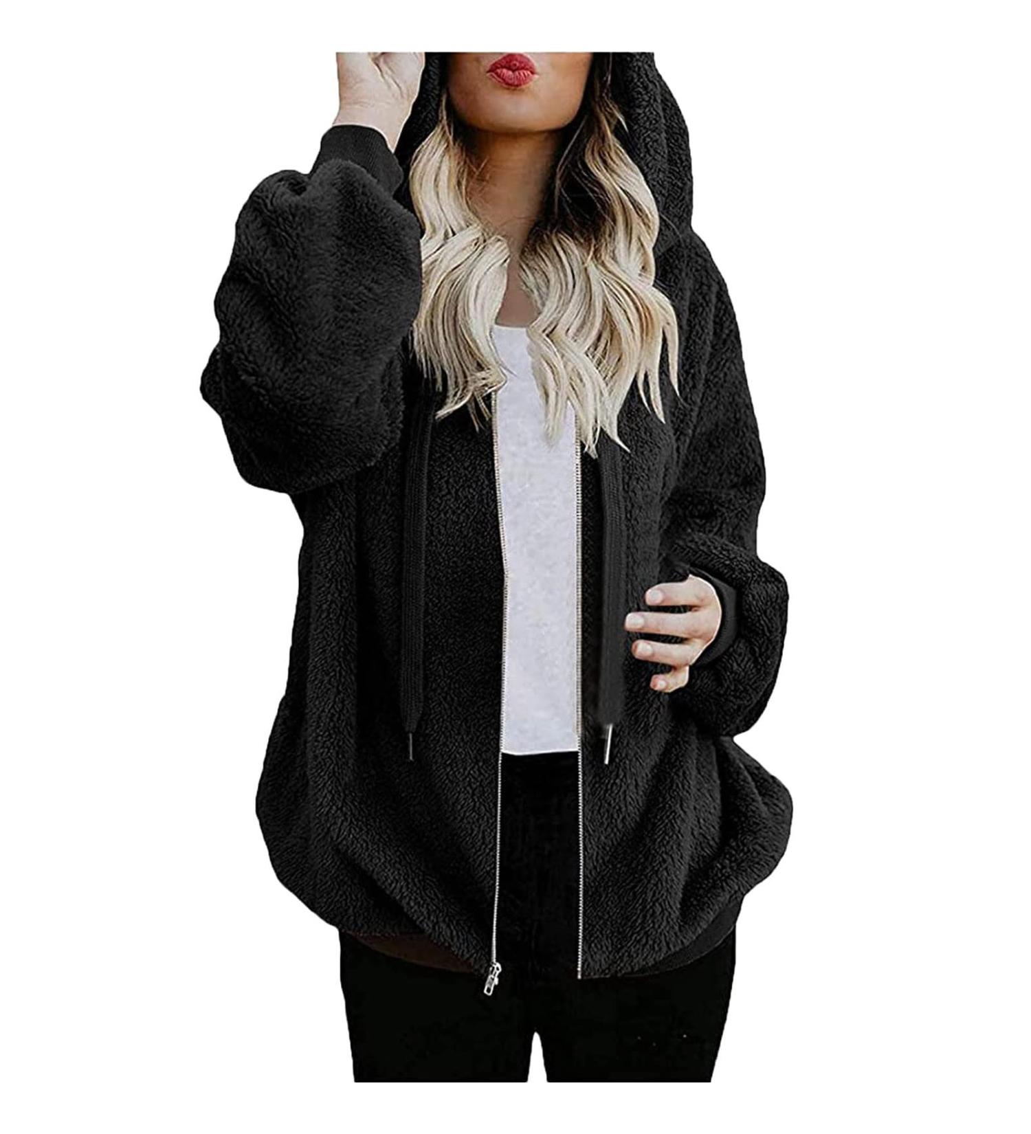 Cllios Women's Plus Size Hooded Fuzzy Fleece Jacket - 5XL Black - Buy Online on GoSupps.com