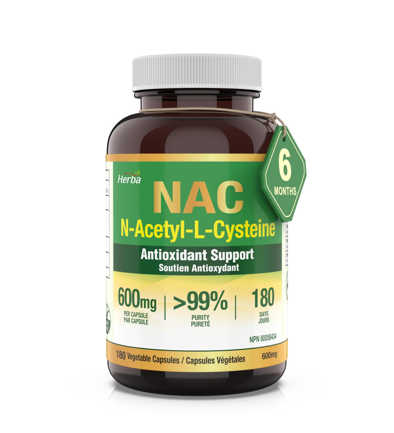 Herba NAC Supplement 600mg 180 Vegetable Capsules | N-Acetyl-L-Cysteine | NAC Supplement 600 mg for Antioxidant | Premium & Pure | Product of Canada | 180 Capsules - Buy Online on GoSupps.com