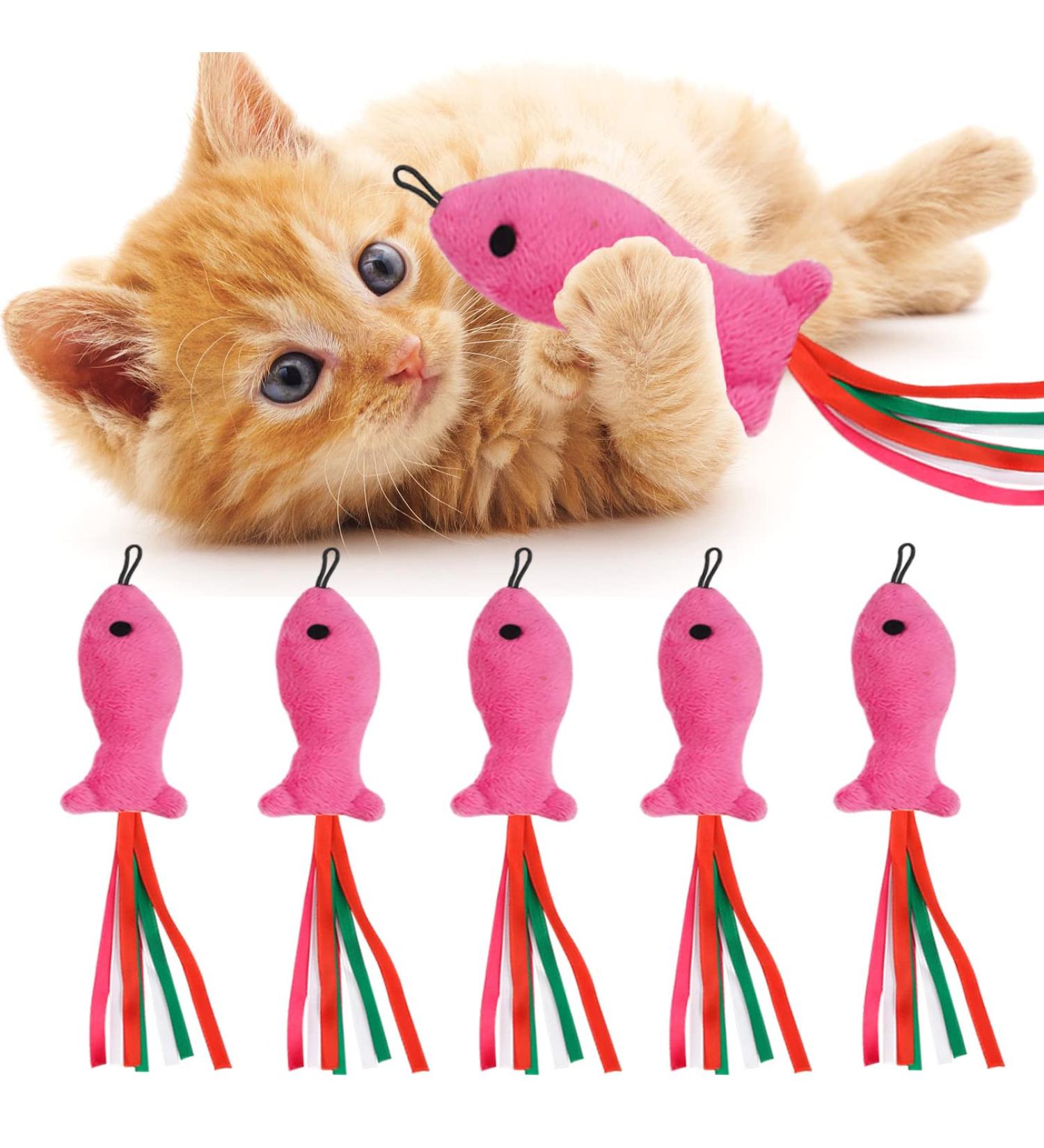 5Pcs Catnip Toy Set - Interactive Pink Fish & Feather Teaser for Kittens | Catnip Filled Plush Toys for Teething Chew Cat Wand Accessories - Buy Online on GoSupps.com