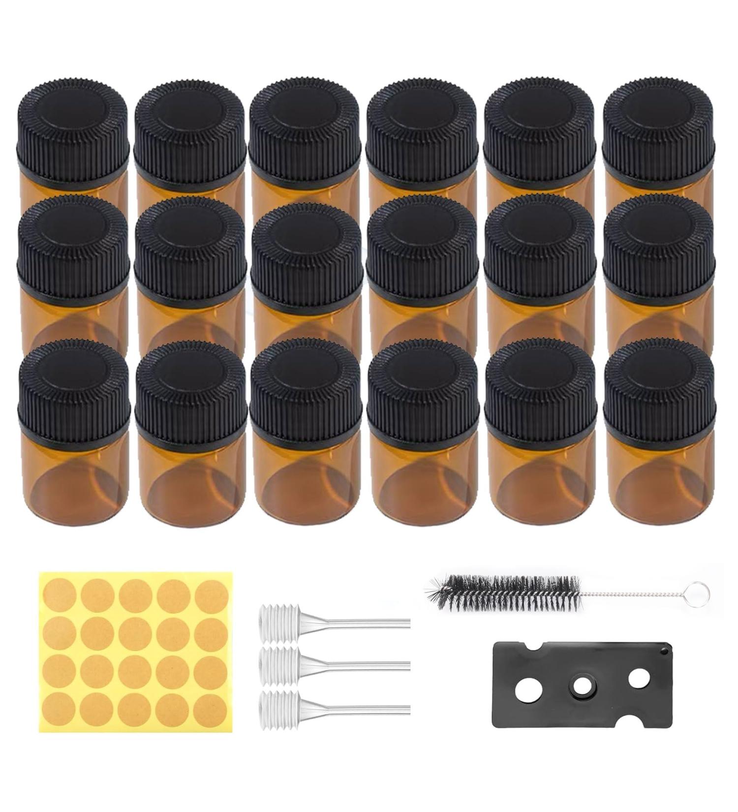 100 Mini Brown Glass Bottles 1ml with Brush Pearl Cutter & Stickers - Ideal for Essential Oils Spa & Massage - Perfect for DIY Projects - Buy Online on GoSupps.com