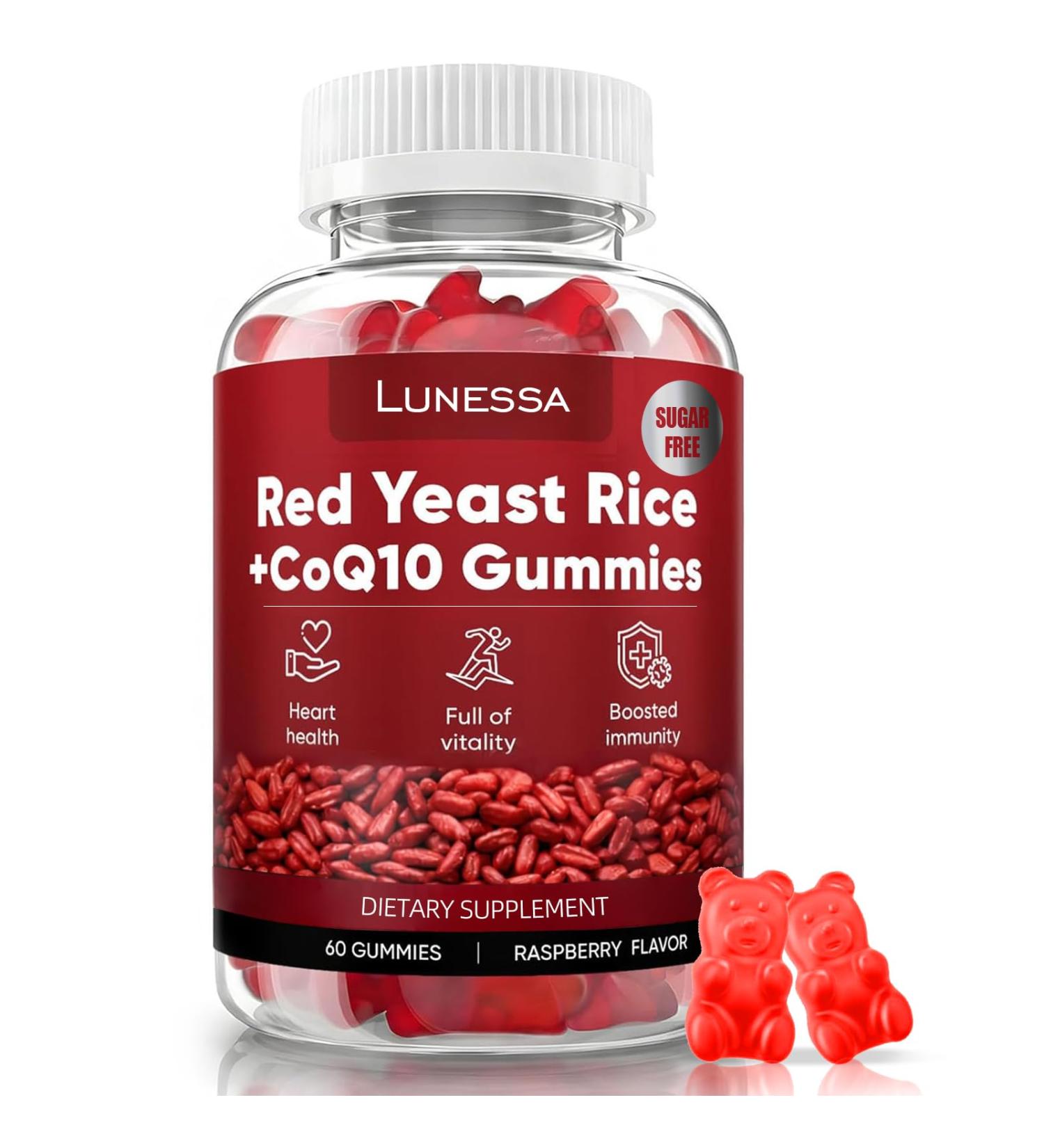 Lunessa Red Yeast Rice with CoQ10 200mg | Red Yeast Rice 2400mg Restores Body Vitality & Maintains Healthy Cholesterol Levels for Men & Women Non-GMO Vegan 60 Gummies -1PCS (Raspberry Flavor) - Buy Online on GoSupps.com