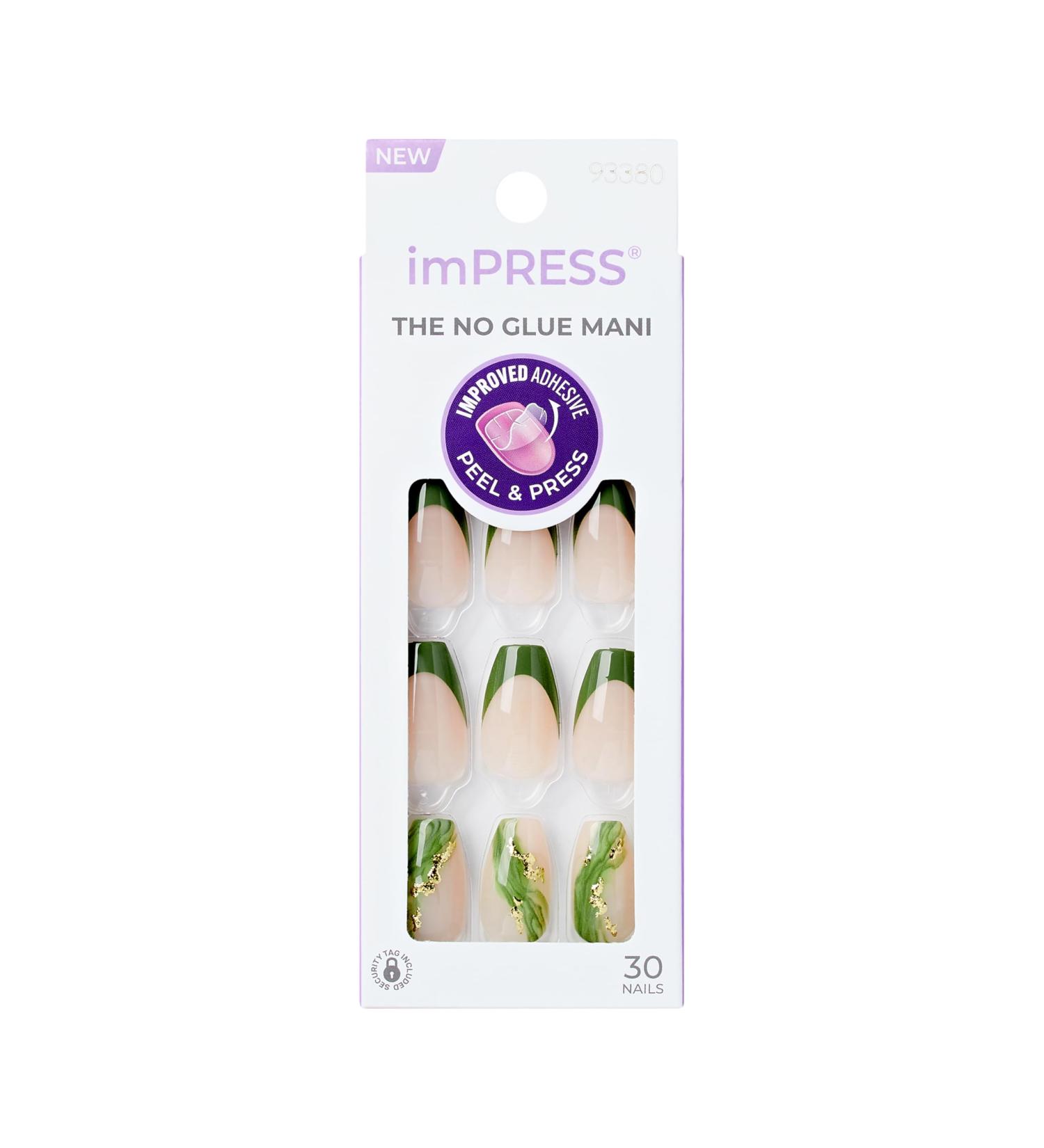 KISS imPRESS No Glue Mani Press-On Nails - Ballerina Coffin Shape Neutral/Green Medium Size 30 Nails + Accessories - Shop Internationally - Buy Online on GoSupps.com