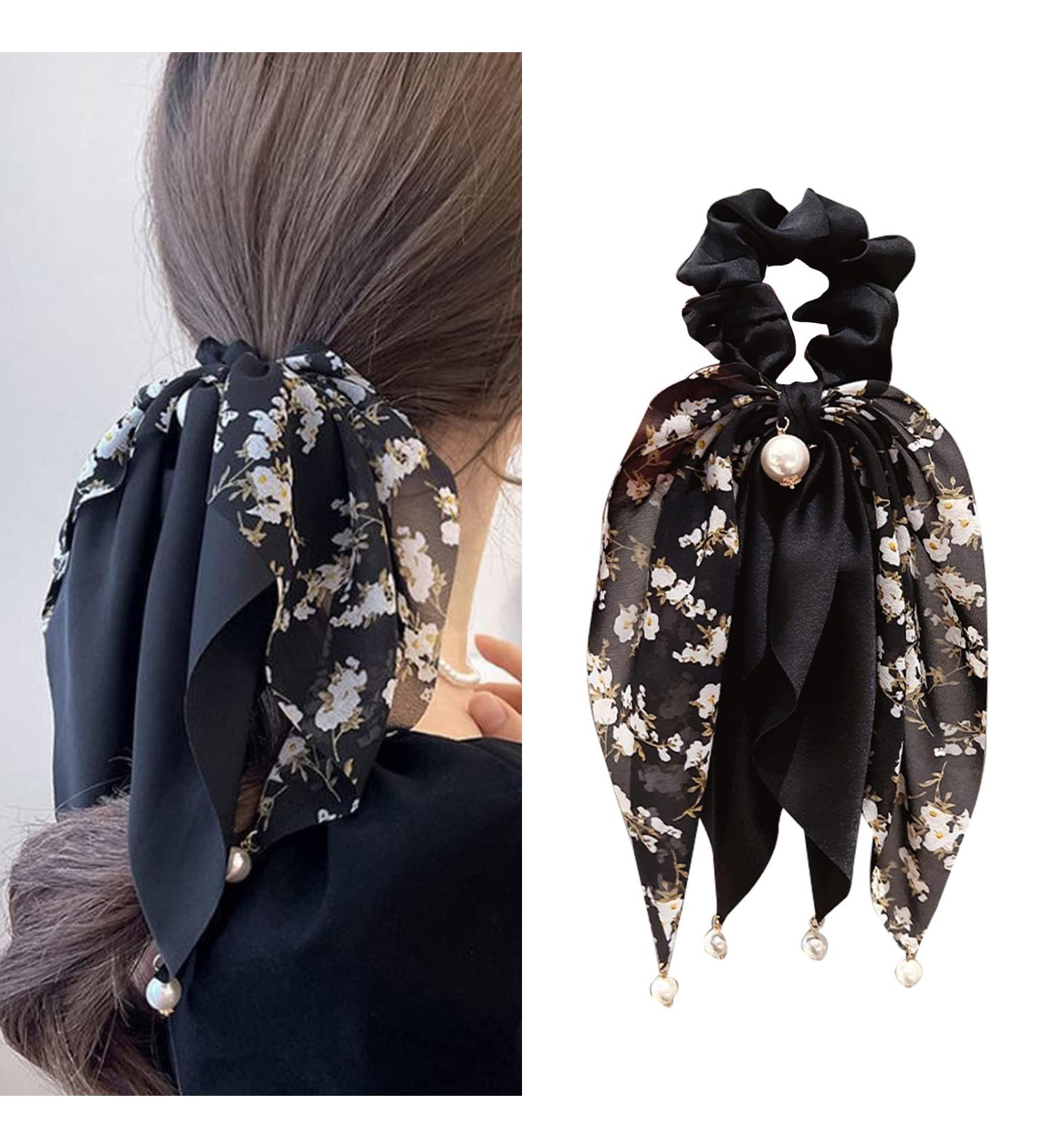 Black Floral Hair Scrunchie with Pearl Detail - Chic Bow Hair Accessory for Women and Girls - Buy Online on GoSupps.com