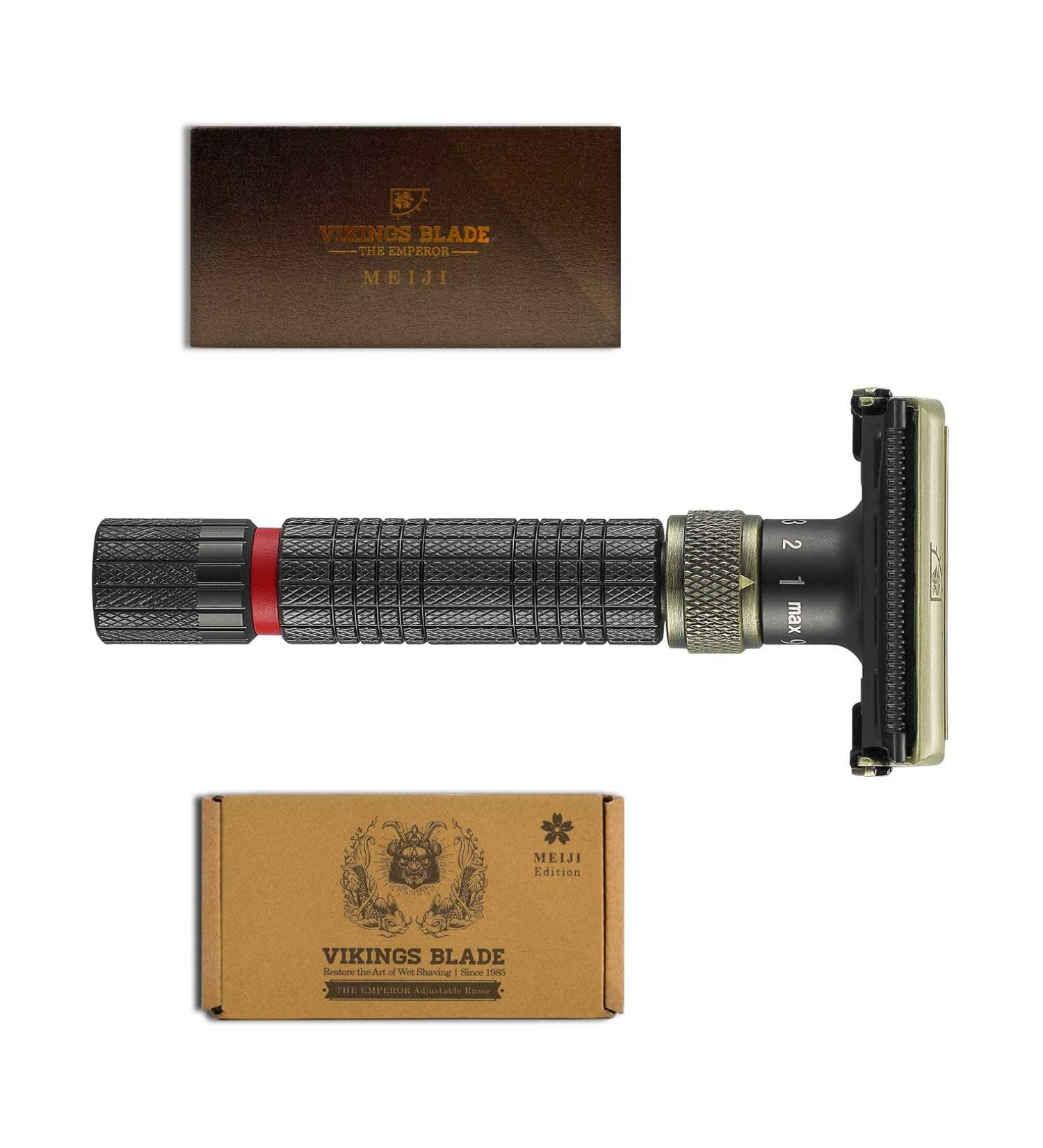 VIKINGS BLADE Adjustable Double Edge Safety Razor - The Emperor MEIJI | Solid Brass | Short & Fat Handle | Butterfly Twist-To-Open | Eco Friendly | Luxury Case - Smooth, Close, Clean Shaving - Buy Online on GoSupps.com