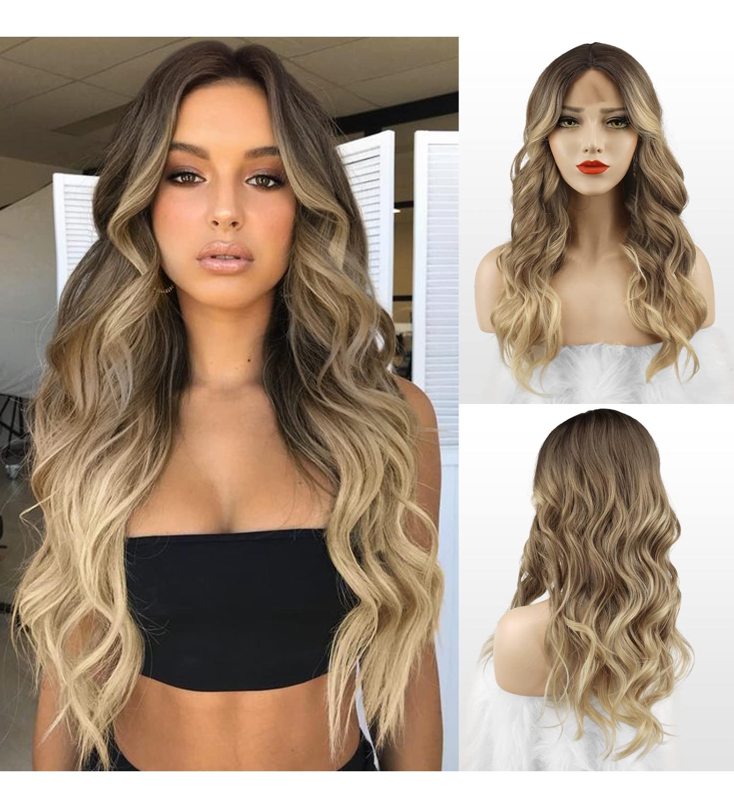 Buy Fine Long Wavy Ombre Blonde & Brown Lace Front Wig - 65 cm Natural Synthetic Hair Waves for Women - Buy Online on GoSupps.com