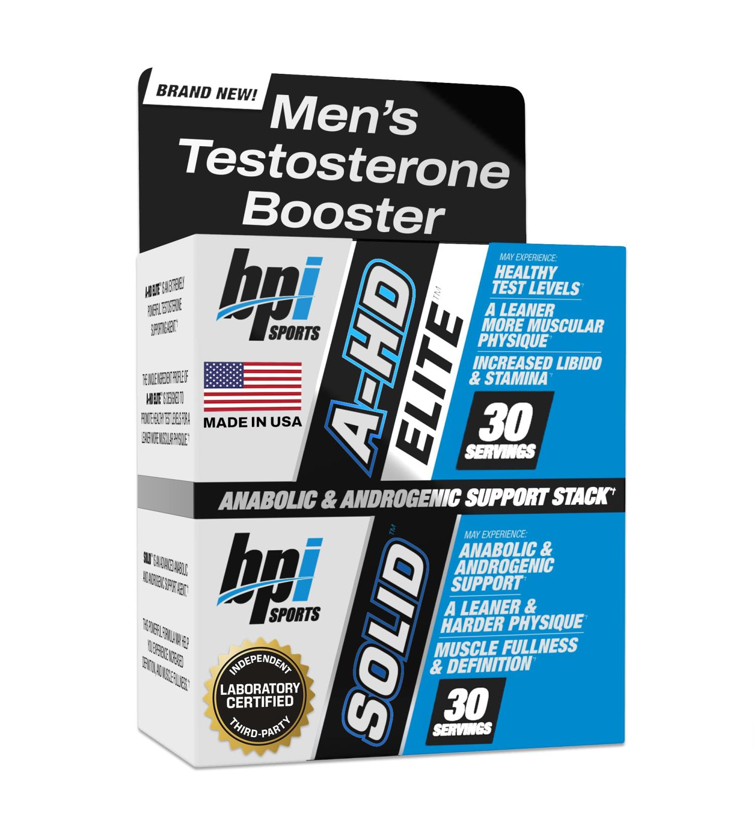 BPI Sports A-HD Elite/Solid Testosterone Booster for Men - Testosterone Supplement for Muscle Strength Libido & Performance Support - Promotes Natural Fat Loss 30 Servings 550mg - Buy Online on GoSupps.com