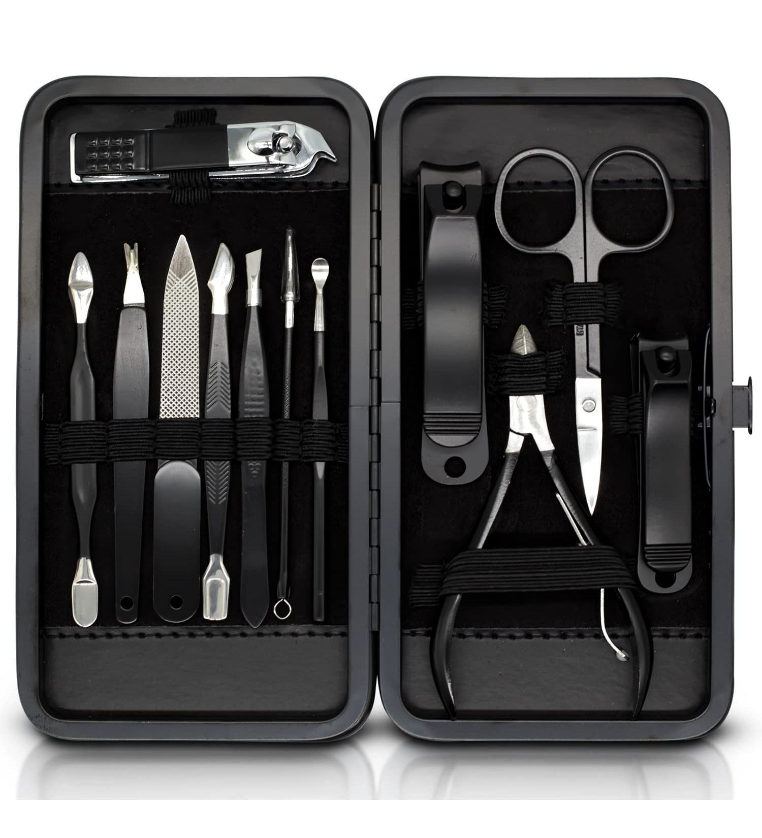 ASH ISLAND Black Stainless Nail Clippers Set - 12 in 1 Manicure Pedicure Kit for Men and Women with Luxury Nail File and Scissors - Portable Travel Case Included - Buy Online on GoSupps.com