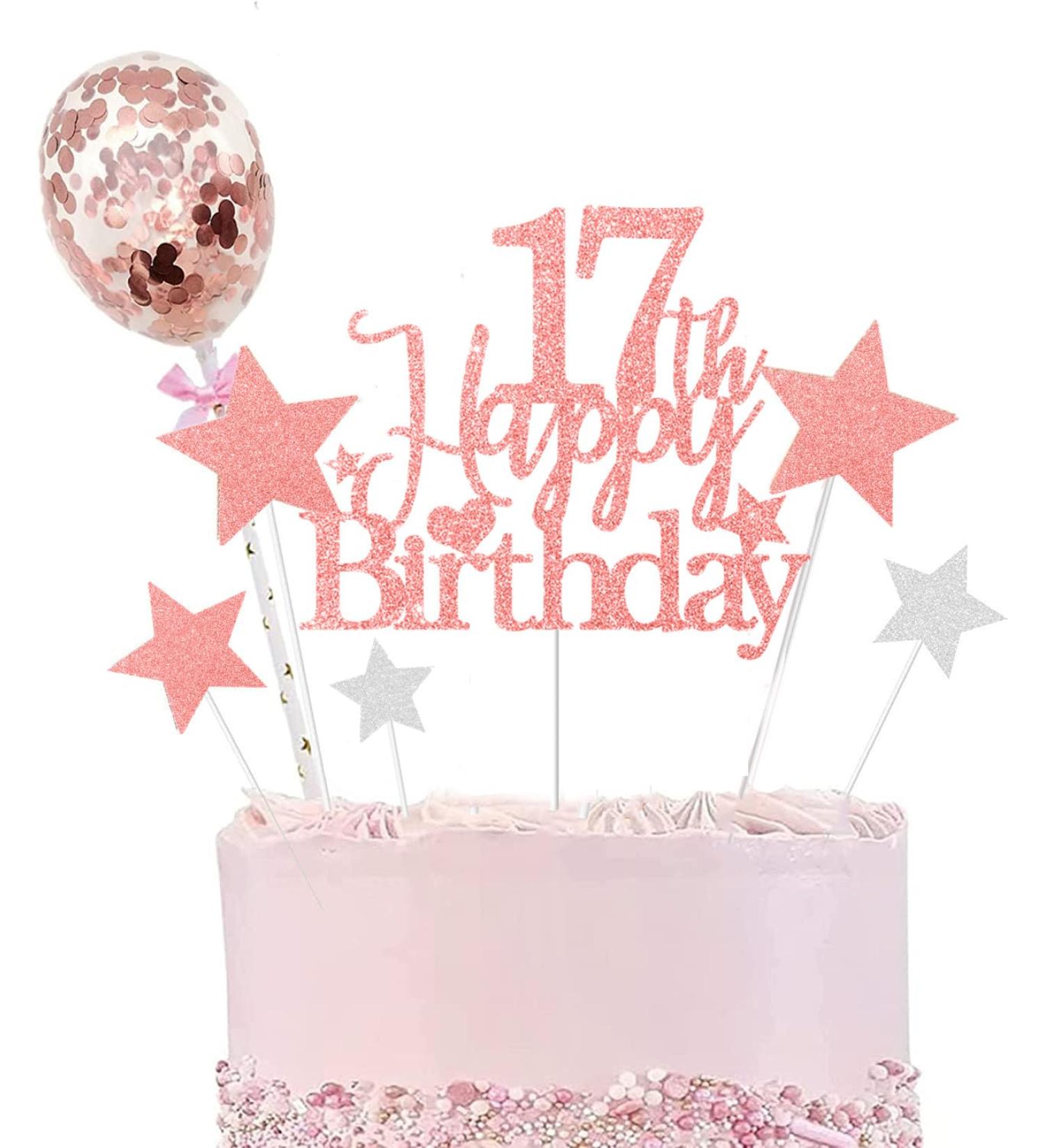 Elicola 17th Birthday Cake Toppers 17th Happy Birthday Cake Topper Rose Gold Glitter with Star Topper and Confetti Balloons for 17th Woman Birthday Party Decoration Supplies - Buy Online on GoSupps.com