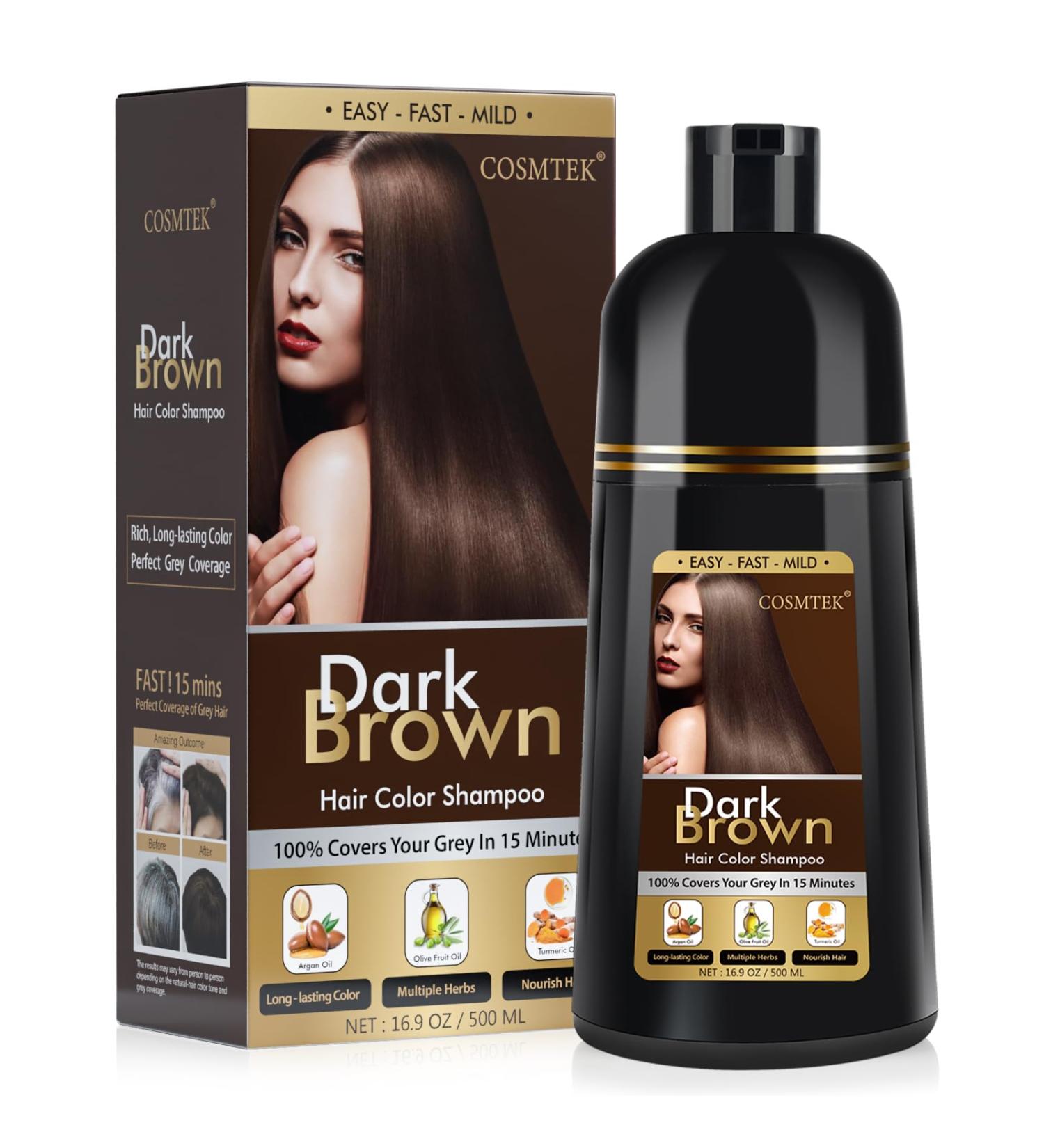 COSMTEK Dark Brown Hair Dye Shampoo | 100% Grey Hair Coverage | Natural Herbal Ingredients | 3-in-1 Color Shampoo for Women - 17.6 OZ - Buy Online on GoSupps.com
