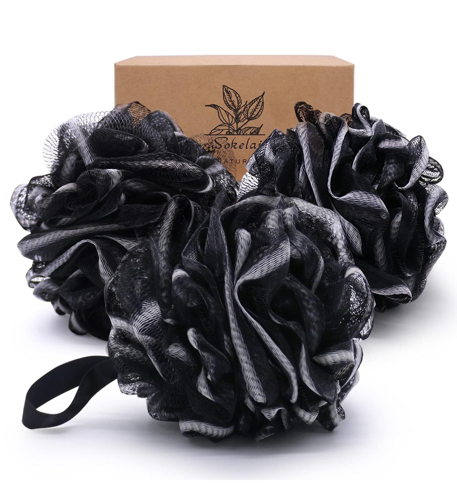 XL Shower Loofah Sponge 75g 3-Pack - Gentle Exfoliating Body Scrubber with Bamboo Charcoal - Soft Mesh Pouf for Silky Skin - Black - Buy Online on GoSupps.com