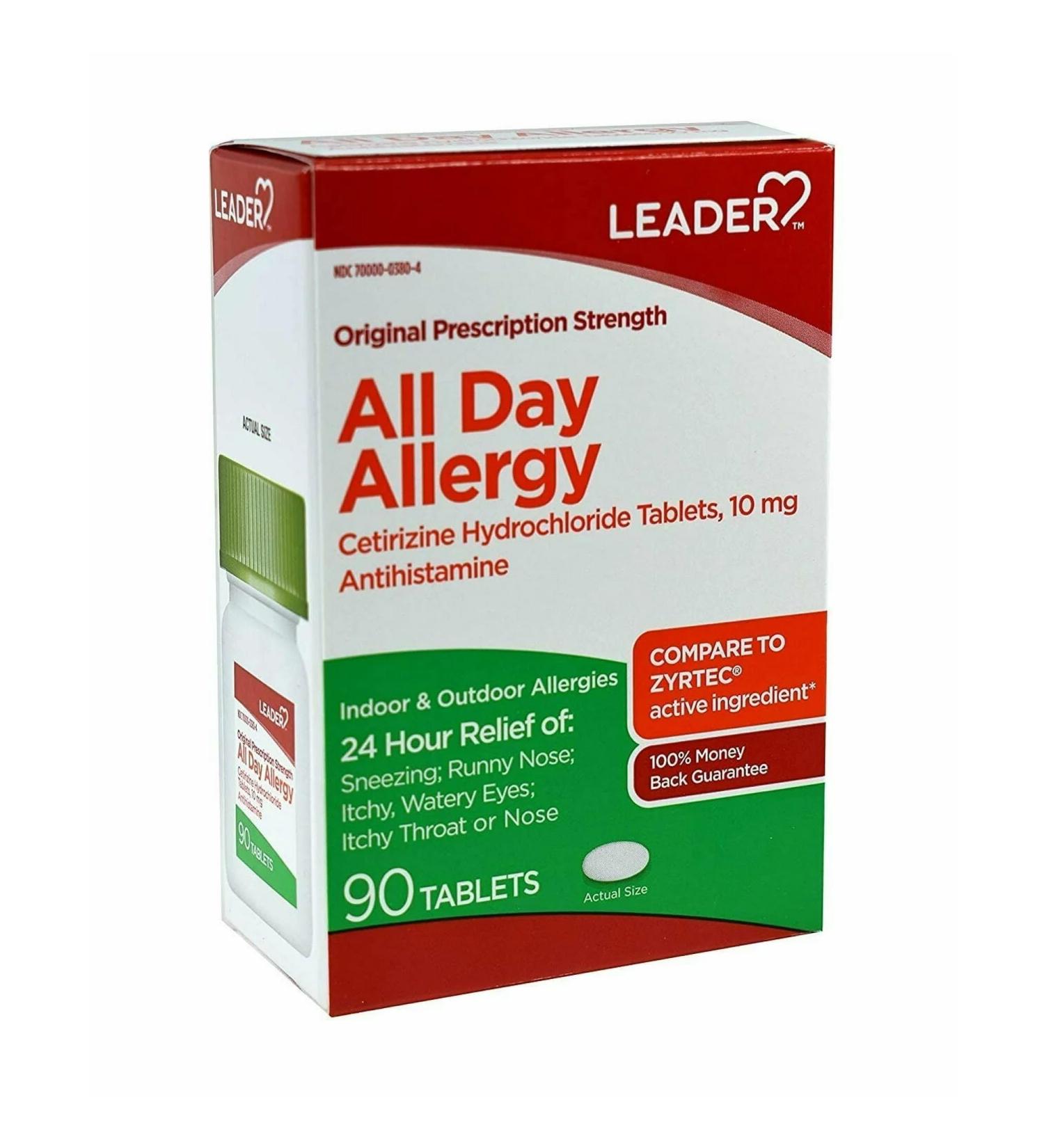 Leader 24 Hour All Day Allergy Relief Cetirizine Hcl Tablets 10 mg 90 Count - Buy Online on GoSupps.com