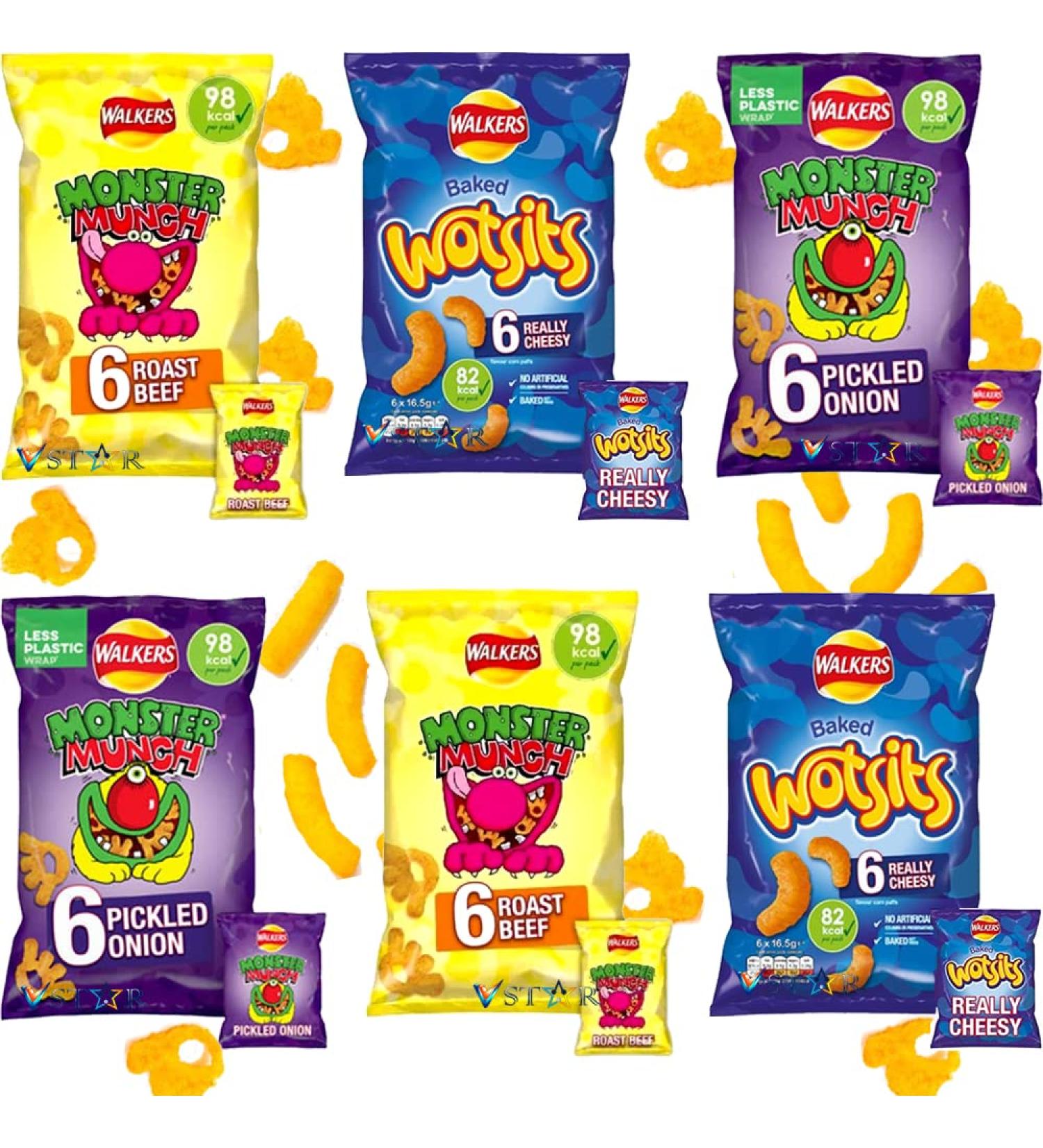 Walkers Wotsits Roast beef Pickled Onion Chips Bags - Crispy Chips Bags - Walkers Chips Mini Mixed Bags (12 x mixed mini bags)