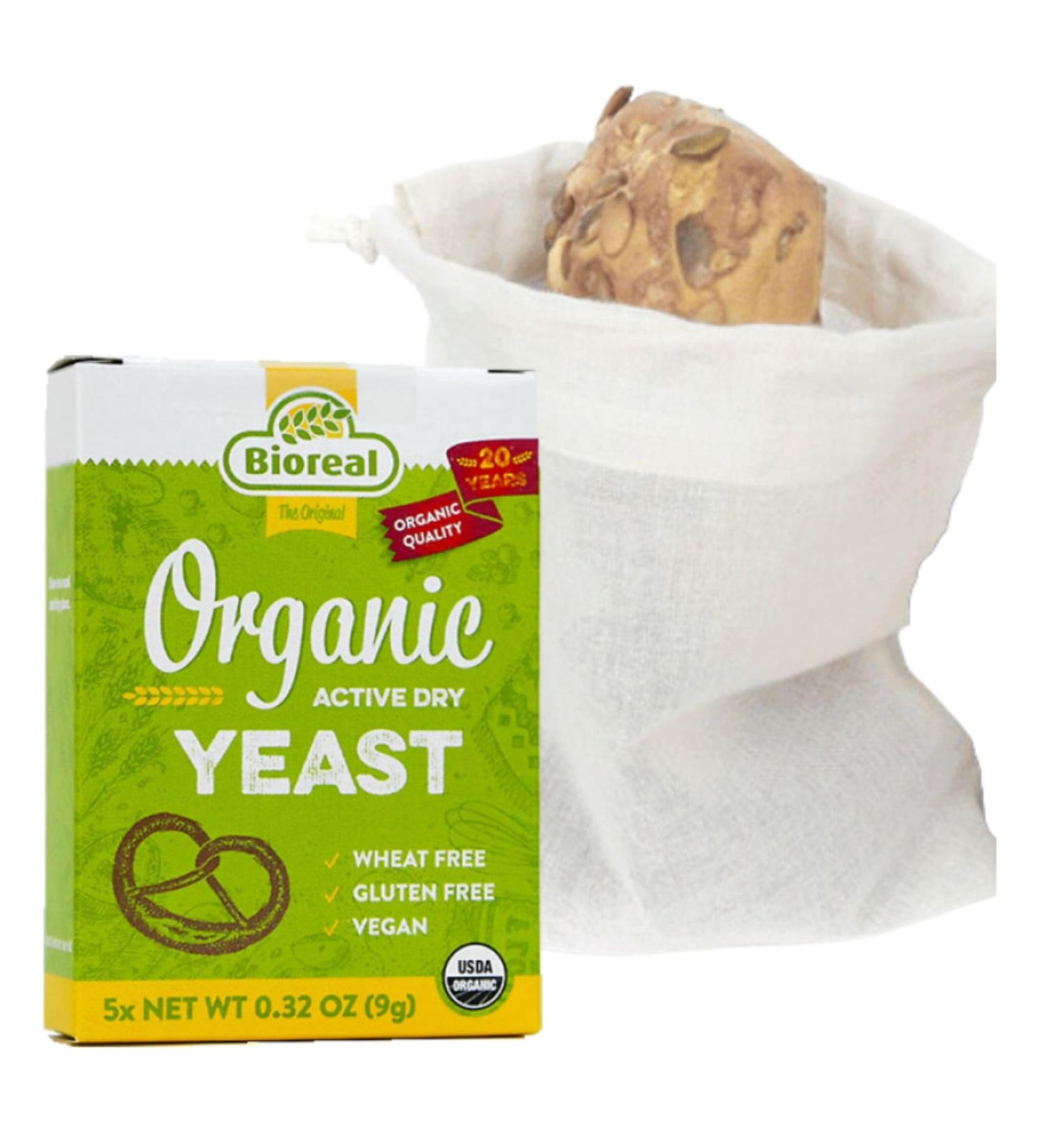 Active Dried Yeast and Linen Bread Bag Bundle Containing Organic Bioreal 5x9g Active Dried Yeast and A Bo Weevil 30 x 40cm Organic Linen Bread Bag - Buy Online on GoSupps.com
