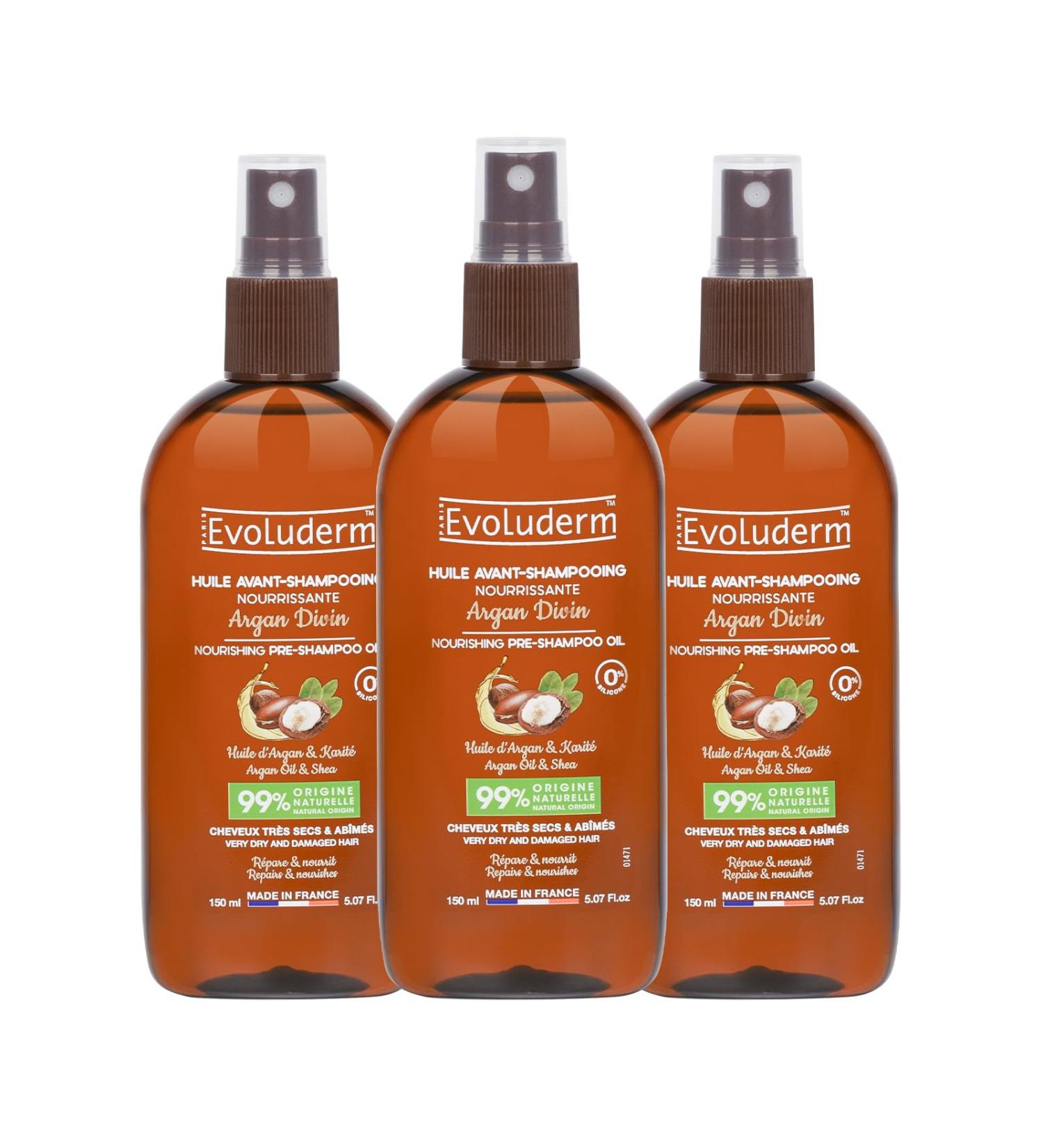 EVOLUDERM - Argan Divin Nourishing Pre-Shampoo Oil - 150 ml - 99% Natural Origin - Vegan - Made in France - Pack of 3 x 150 ml