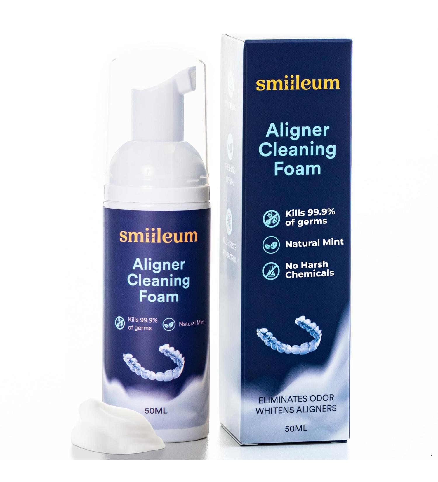 Smiileum Aligner Cleaner Foam - Aligner and Retainer Cleaner Foam for Invisalign Night Guards and Dentures Helps Remove Stains & Build-Up Keeps Appliances Clear Fresh Mint Flavor Travel-Friendly - Buy Online on GoSupps.com
