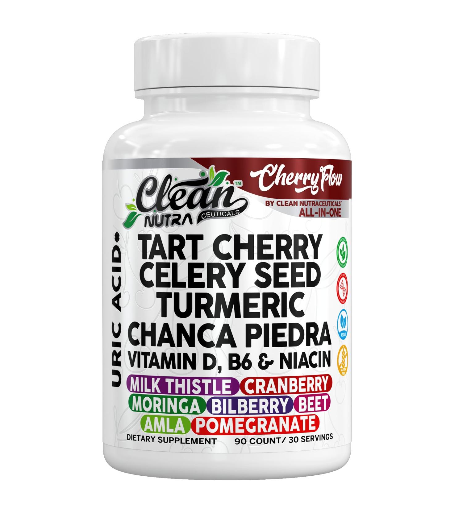 Cherry Flow Tart Cherry Capsules Uric Acid Support Celery Seed Turmeric Chanca Piedra Vitamin D Vitamin B6 Niacin Milk Thistle Moringa Extract Pomegranate Beets 90 Count by Clean Nutra - Buy Online on GoSupps.com