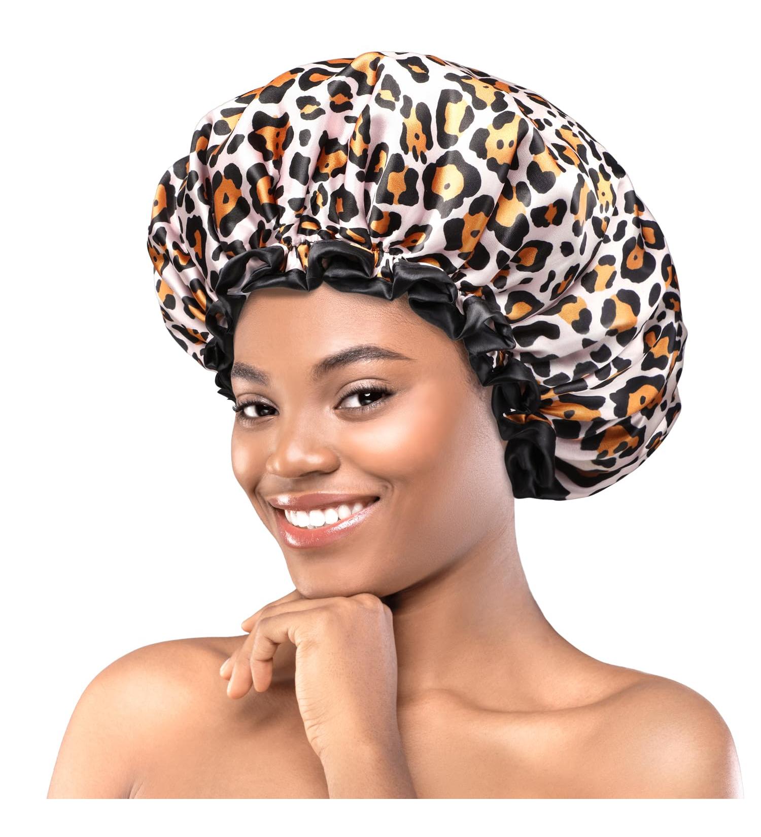 Mikimini Leopard Large Shower Hoods 2-Pack | Waterproof & Washable Shower Caps for Long Hair with Black Lace - XL Size for Women - Buy Online on GoSupps.com