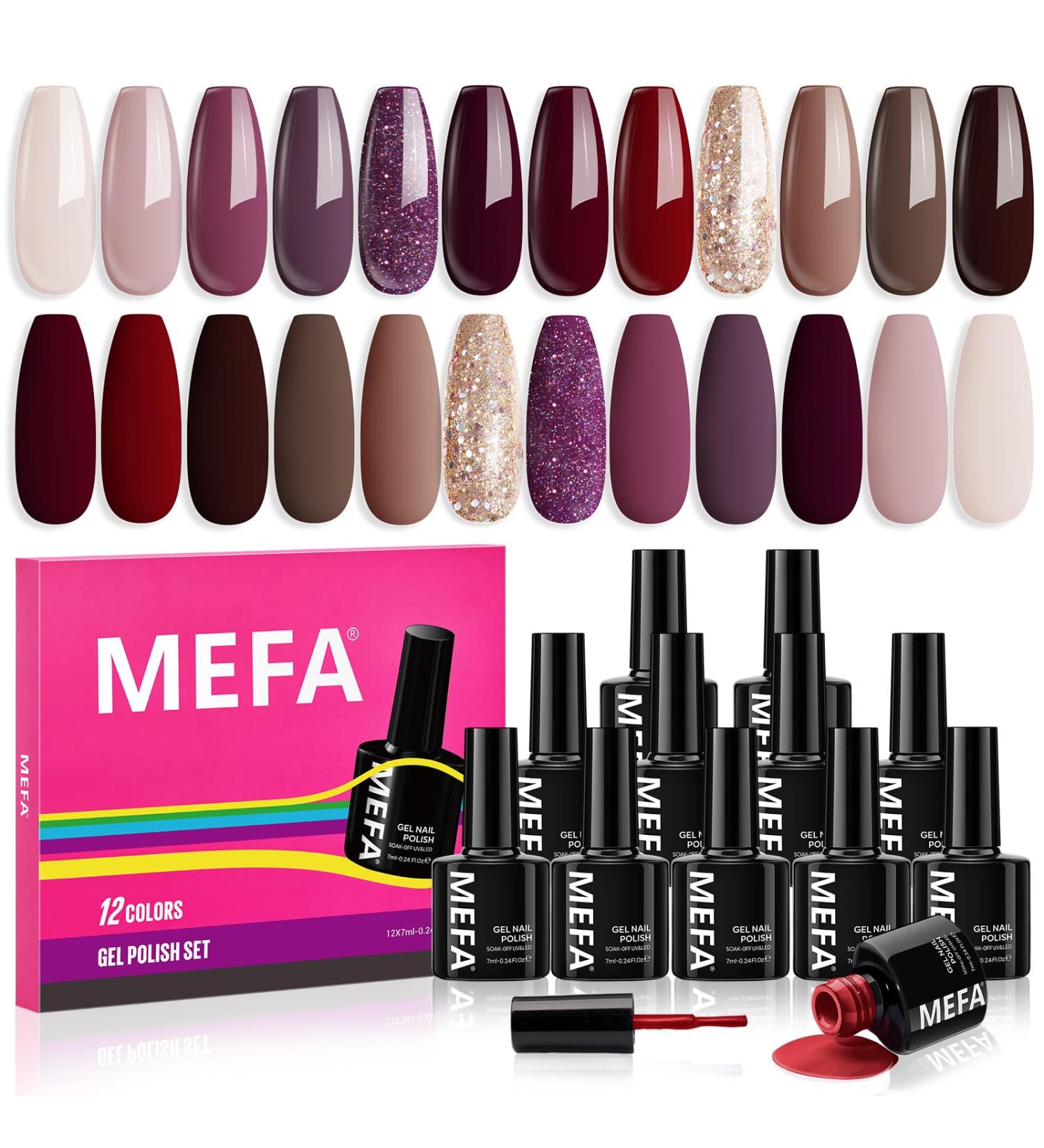 MEFA Gel Nail Polish Set - 12 Colors Including Burgundy Red Champagne Gold Glitter & Dark Purple - Perfect DIY Manicure Gift for Women & Girls - Buy Online on GoSupps.com