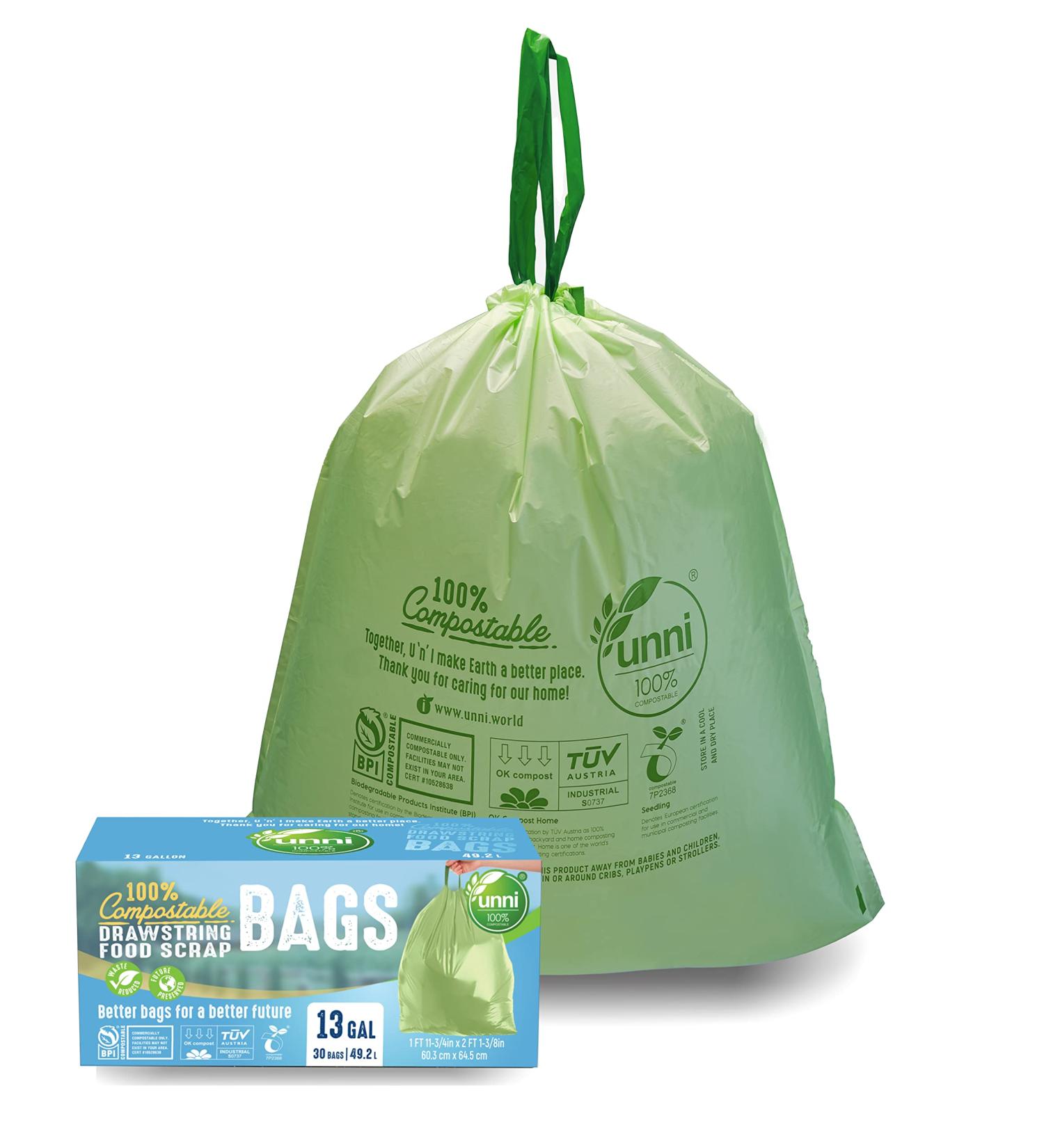 UNNI 100 Compostable Drawstring Bags - 13 Gallon, 30 Count, Heavy Duty 1 Mil, ASTM D6400 & EN 13432 Certified - Buy Online on GoSupps.com