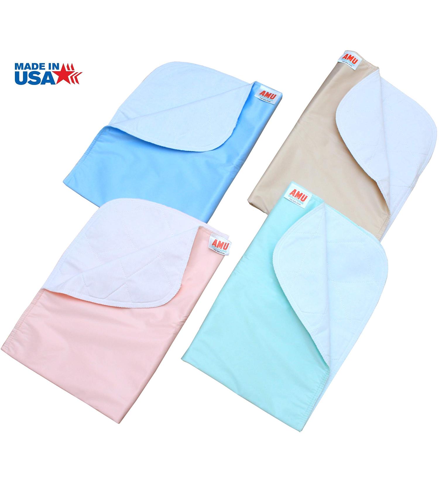 4 Pack Washable Bed Pads/Reusable Incontinence Underpads 18x24 - Blue Green Tan and Pink - Ideal for Children and Adults Wholesale Incontinence Protection/Cloth Chucks Bed Pads Washable