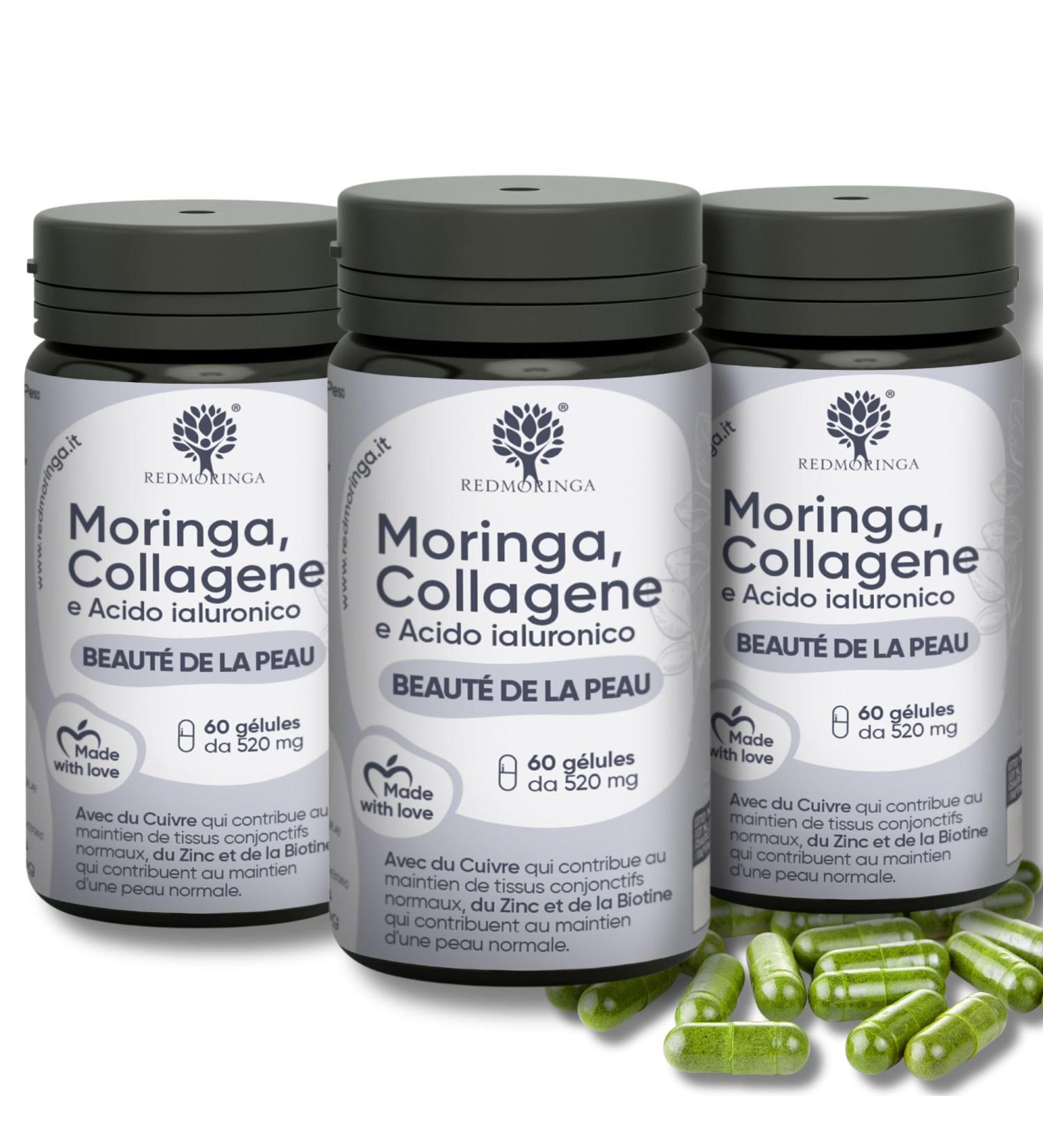 Collagen and Hyaluronic Acid with Copper Zinc Biotin Vitamin A B2 B3 C Moringa Bio | Supplement for Skin and Joints | Anti-Wrinkle | Made in Italy RedMoringa (180 Capsules) - Buy Online on GoSupps.com