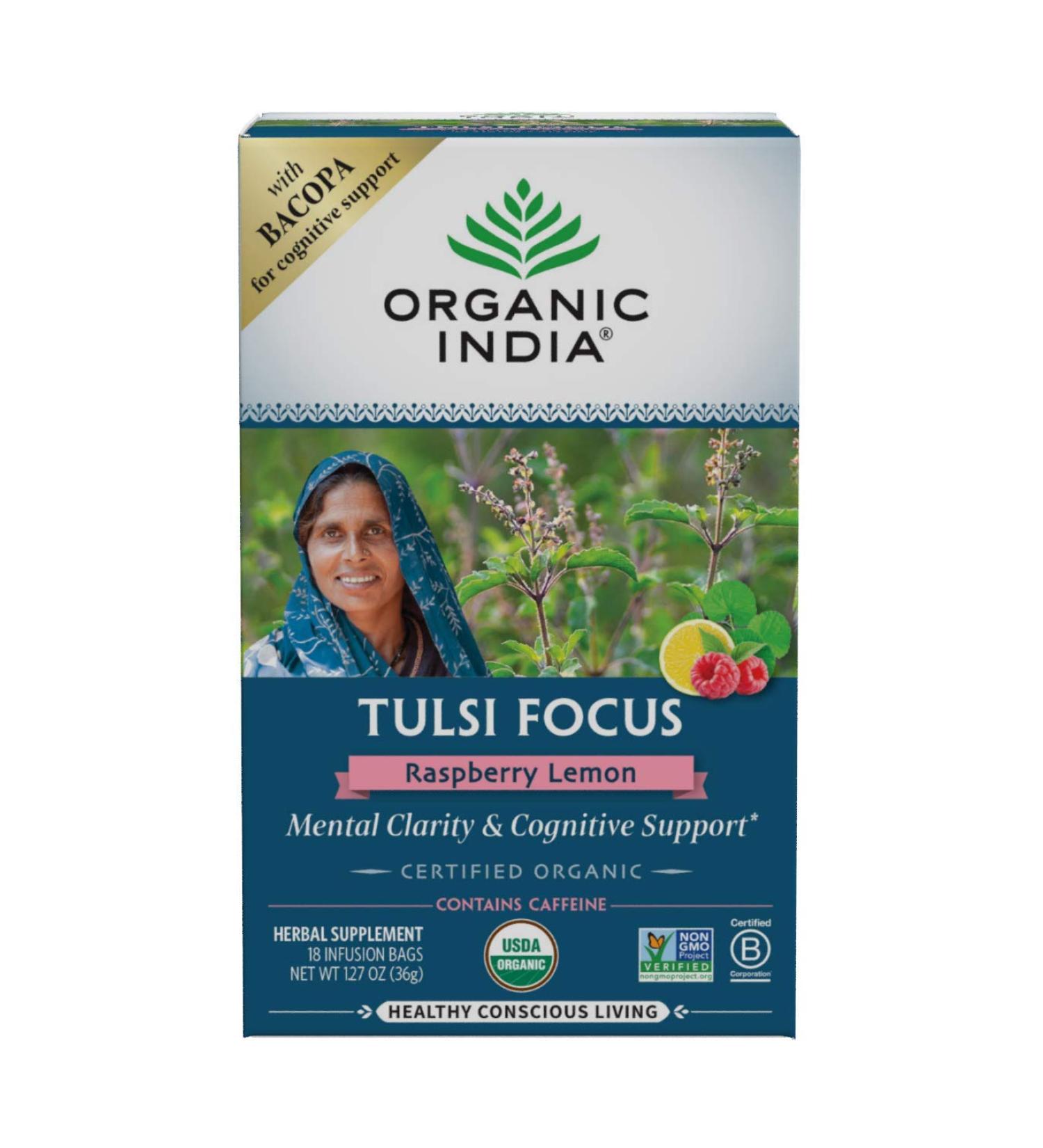 Organic India Tulsi Tea Focus - Raspberry Lemon Infusion Bags (18 Count, 1.27 oz) - Herbal Wellness - Buy Online on GoSupps.com