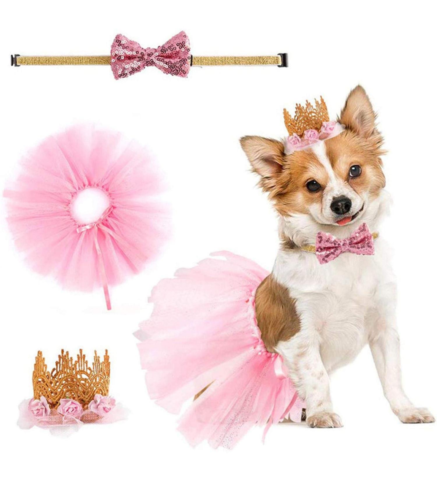 Fashion Party Supplies Tutu Skirt Pink Gift for Small Dogs Cat Pet Birthday Party Dress Crown Hat Collar Cat Dog Birthday Set (Pink) - Buy Online on GoSupps.com