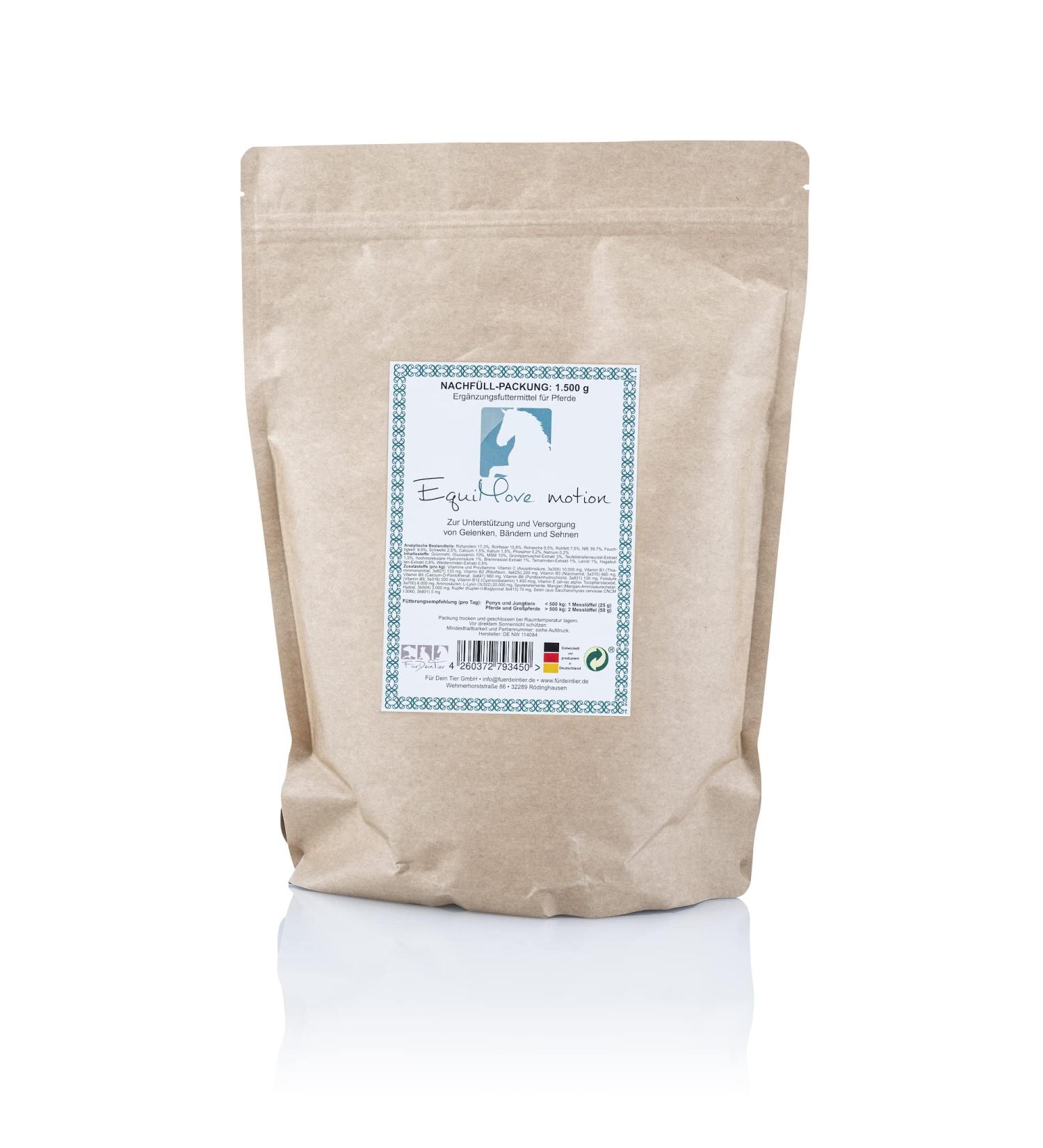 Equimove Motion refill pack (1.5 kg) pellets for horses with hyaluronic acid MSM glucosamine Glmen devil claw and willow bark.For joints and tendons.