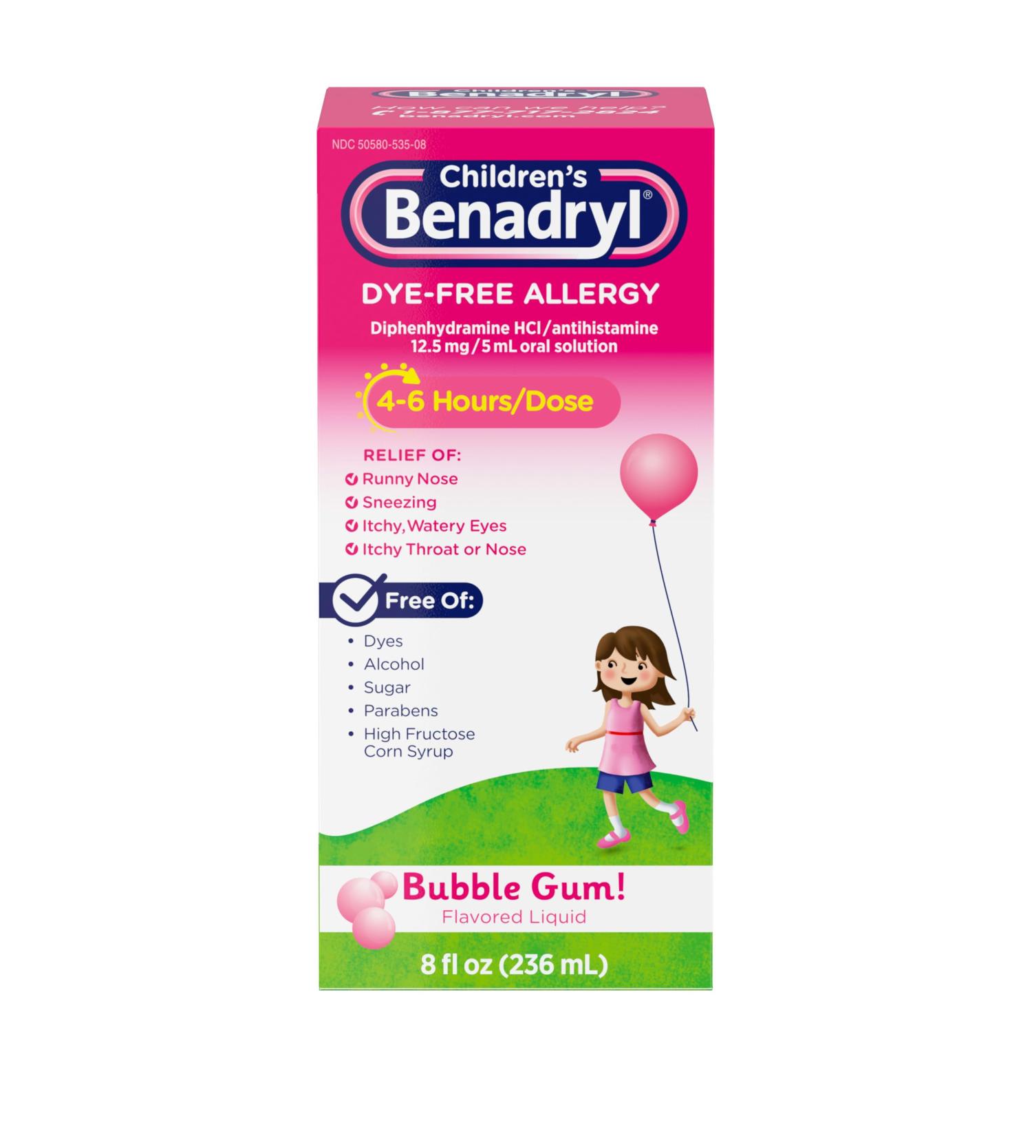 Benadryl Children s Dye-Free Allergy Relief Liquid Allergy Medicine for Kids 12.5 mg Diphenhydramine HCl Antihistamine Relieves Runny Nose & Sneezing Paraben-Free Bubble Gum Flavor 8 fl. Bubblegum 8 Fl Oz (Pack of 1) - Buy Online on GoSupps.com