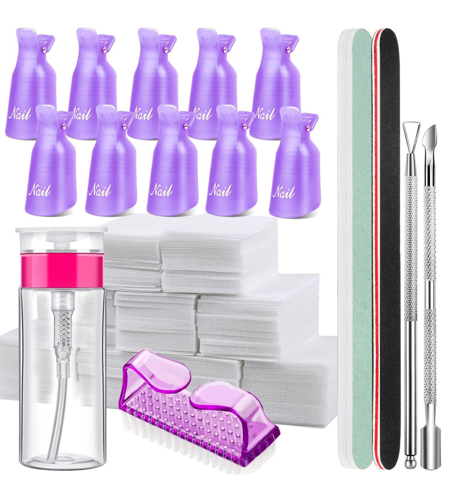 Fandamei Nail Polish Remover Tools Set - 500 Cotton Pads Nail Clips & Shaver Stainless Steel Files Purple Nail Brush & Pump Bottle - Best for Gel Nails - Buy Online on GoSupps.com