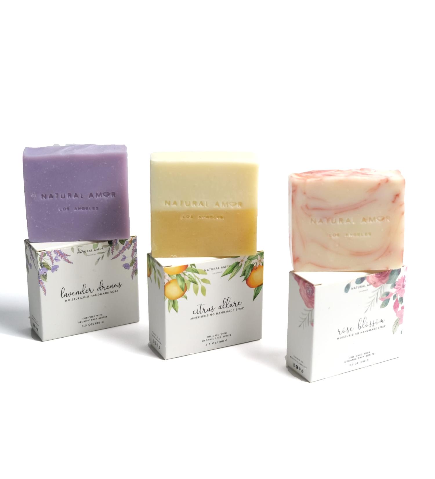 Natural Amor Handmade Soap Bar Variety 3 Pack - Rose Lavender Citrus Scented Gift Set for Women, Vegan, 3.5 oz each - Buy Online on GoSupps.com