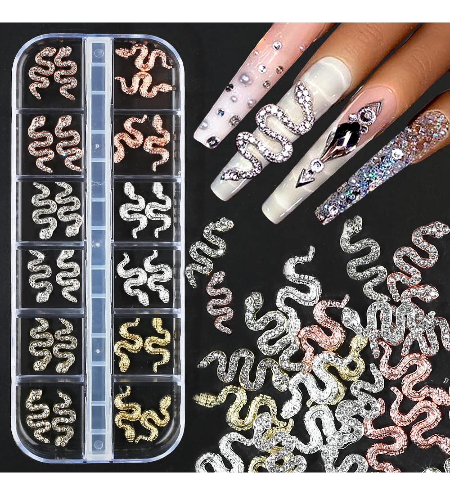 24pcs 3D Snake Nail Charms with Rhinestones - Gold & Silver Alloy Nail Gems for DIY Nail Art | Shiny Metal Snakes Jewelry Making Kit - Buy Online on GoSupps.com