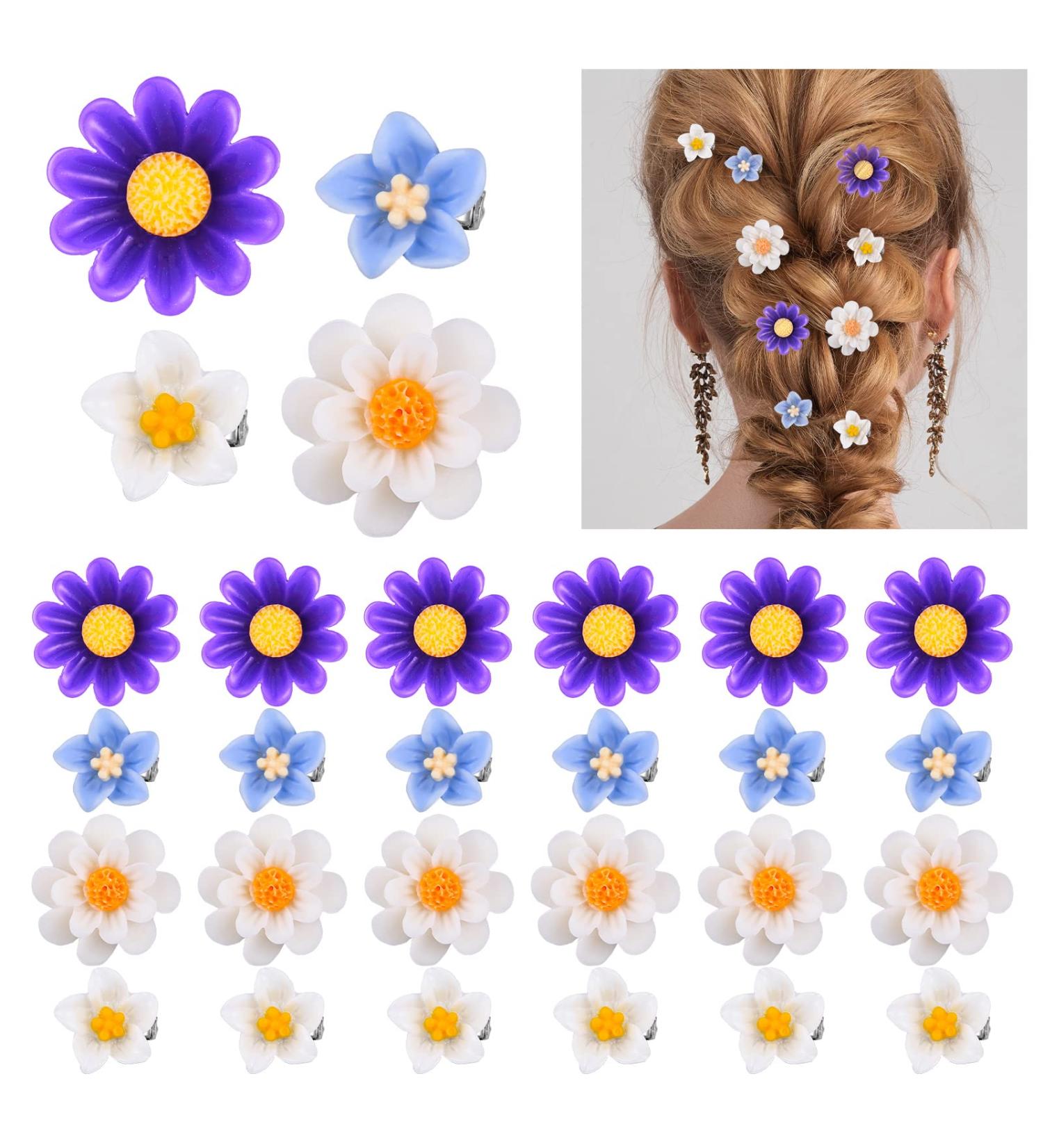 24 Flower Hair Clips for Women - Wedding Bridal Accessories in White, Yellow, Dark Purple, Light Blue - Elegant Barrettes for Bridesmaid, Party Wear - Buy Online on GoSupps.com