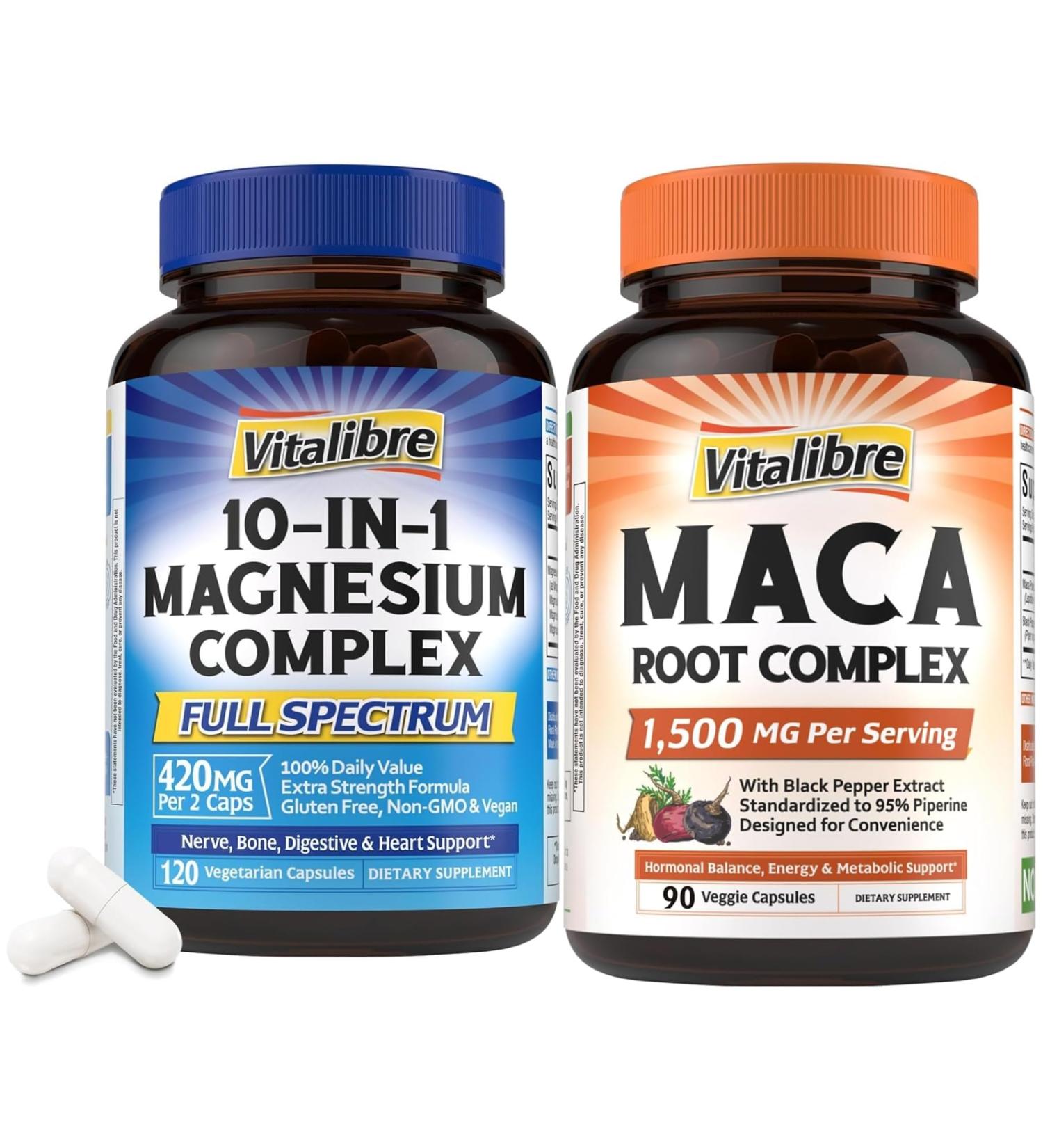 Vitalibre 10 in 1 Magnesium Complex 420mg 120 Vegan Capsules and Maca Root 1 500mg 90 Capsules Bundle Non-GMO - Buy Online on GoSupps.com