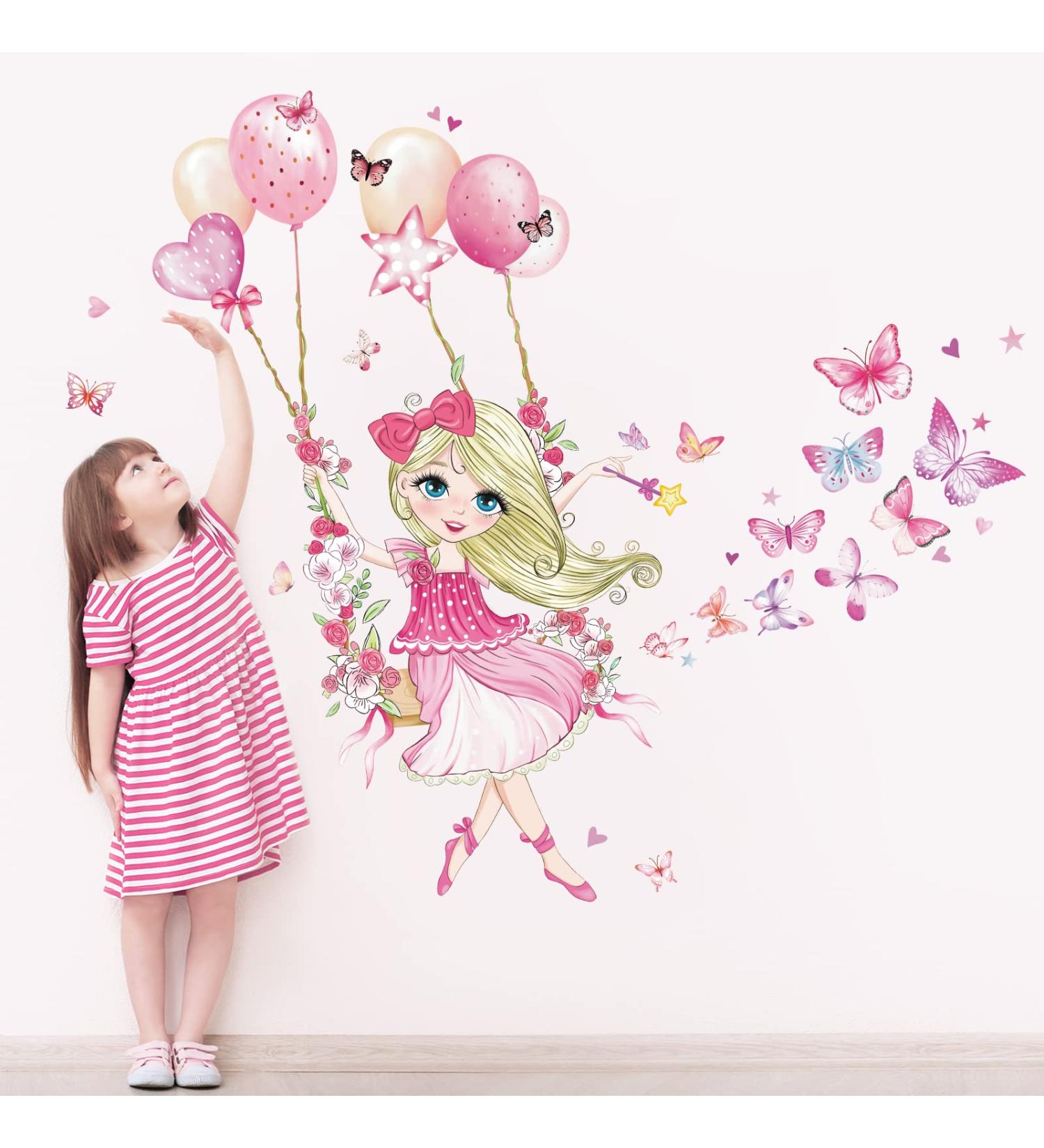 Wondever Girl on Swing Wall Stickers - Peel and Stick Butterfly Flower Ballons Wall Decals for Girls Bedroom and Nursery - Buy Online on GoSupps.com