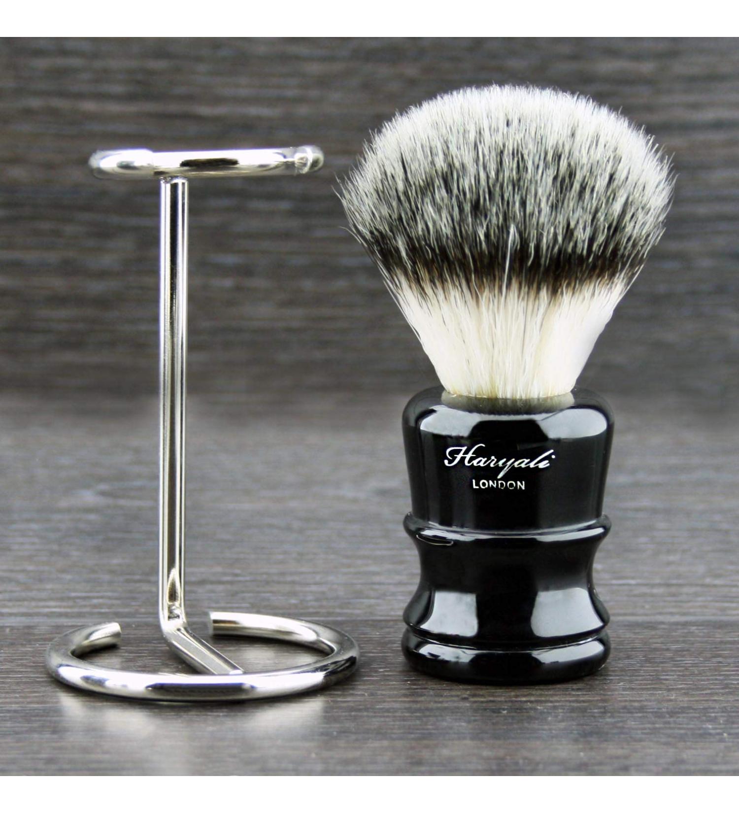 Shaving brush resin black handle and chrome stand