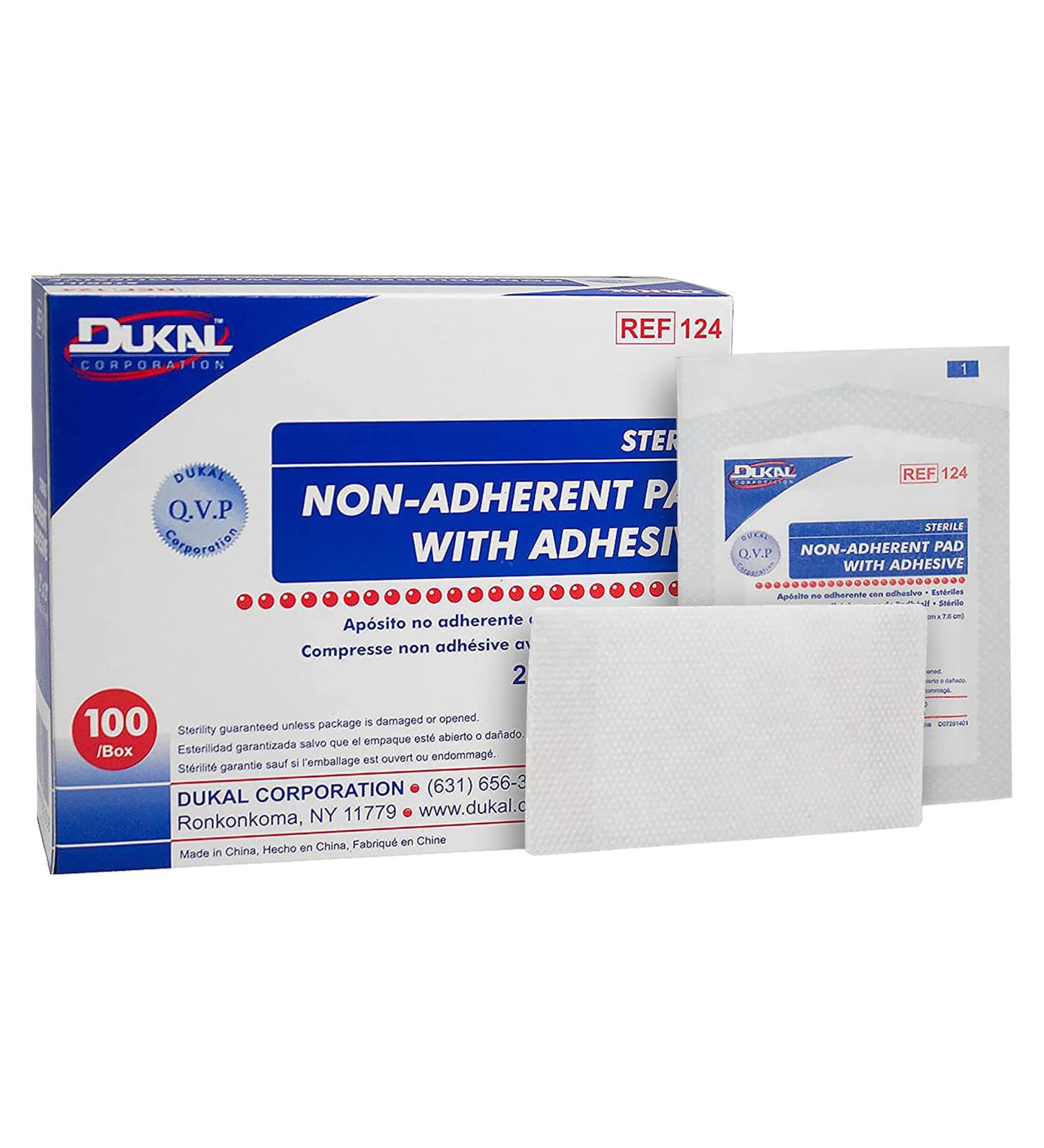 Dukal Non-Adherent Pads with Adhesive 2 x 3. Pack of 100 Disposable Absorbent Sterile Dressings for Lightly draining or sutured Wounds cuts or abrasions. Easy to Remove. Can be Cut.