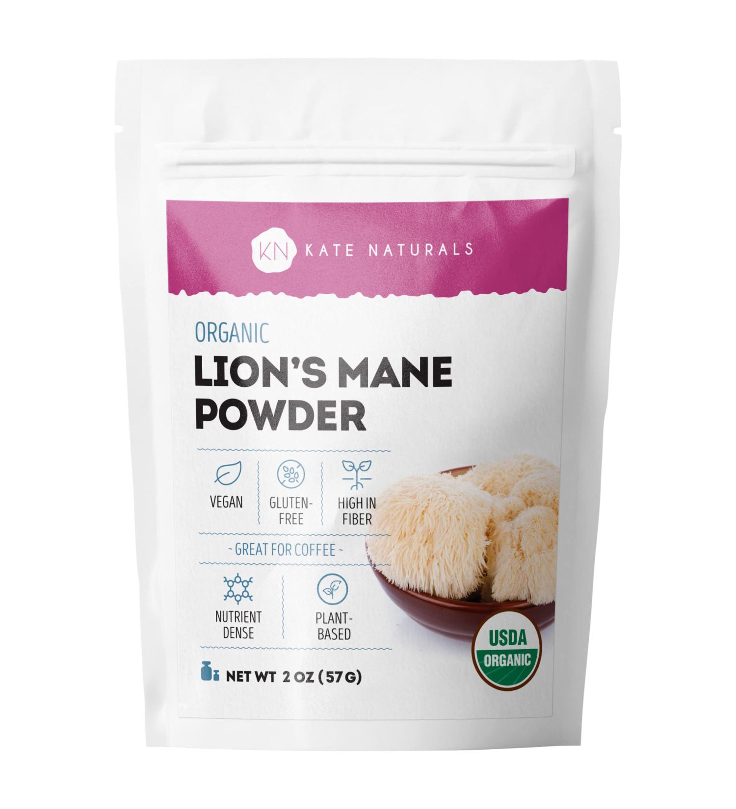 Organic Kate Naturals Lion's Mane Powder - Immune Support for Clarity & Focus | 28 Servings, Gluten-Free, 2oz Resealable Bag - Buy Online on GoSupps.com